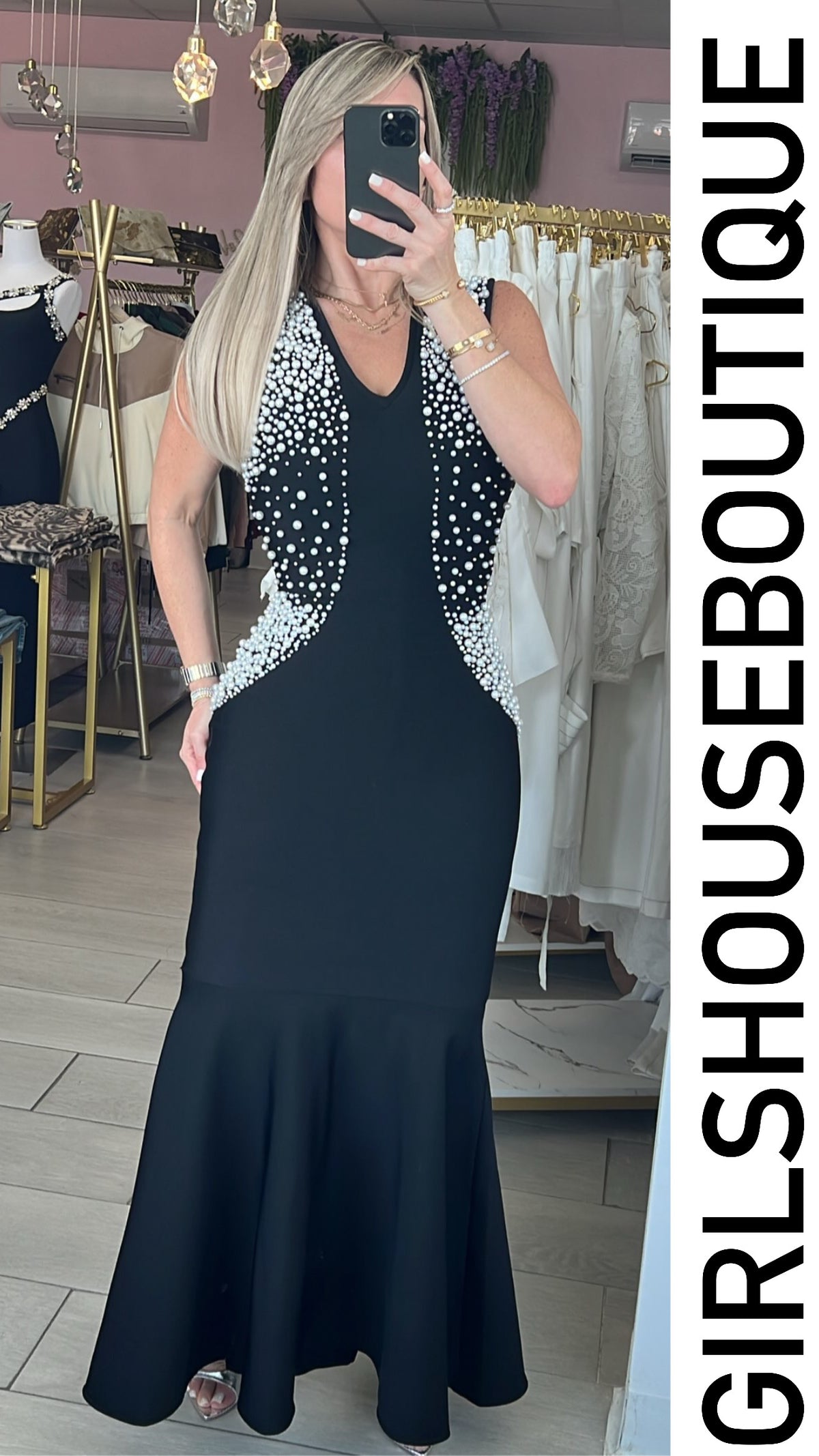 Black Pearls Bandage Strech Luxury Dress