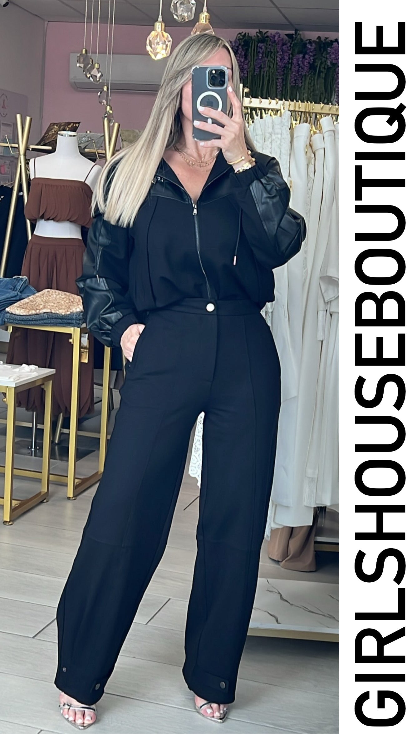 Black&Black Leather Zip-up Jacket & Strech Luxury Pant Set