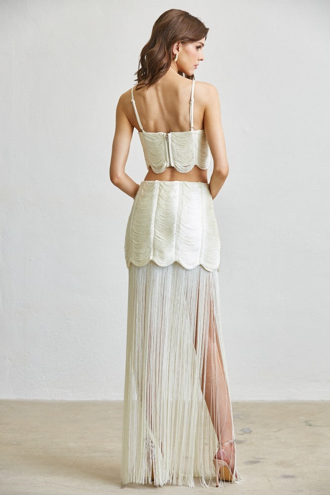 Bianca Soft Creme Fringe Crop Top & Skirt Set