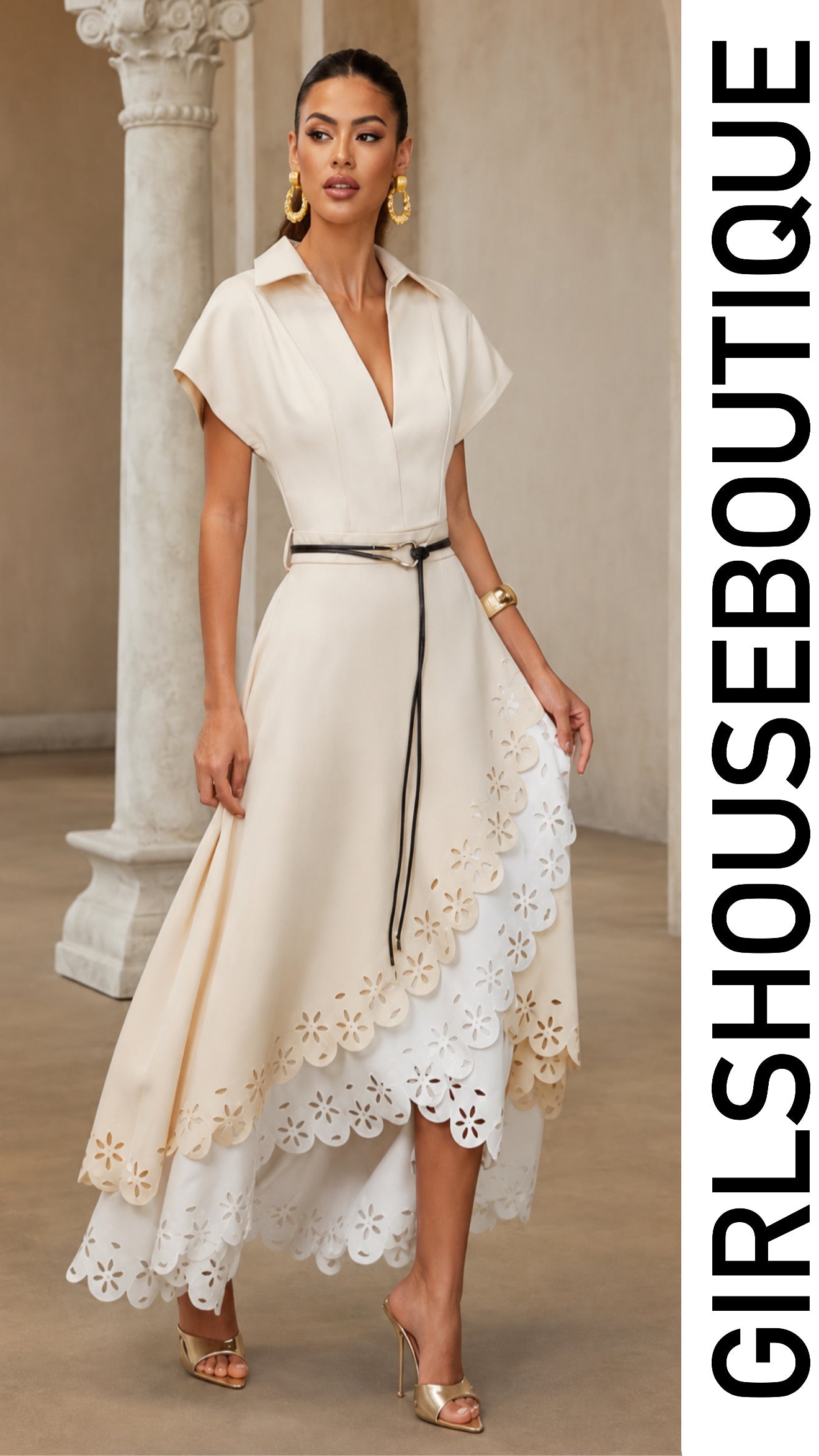 Ivory Blossom Asymetric Design Midi Dress