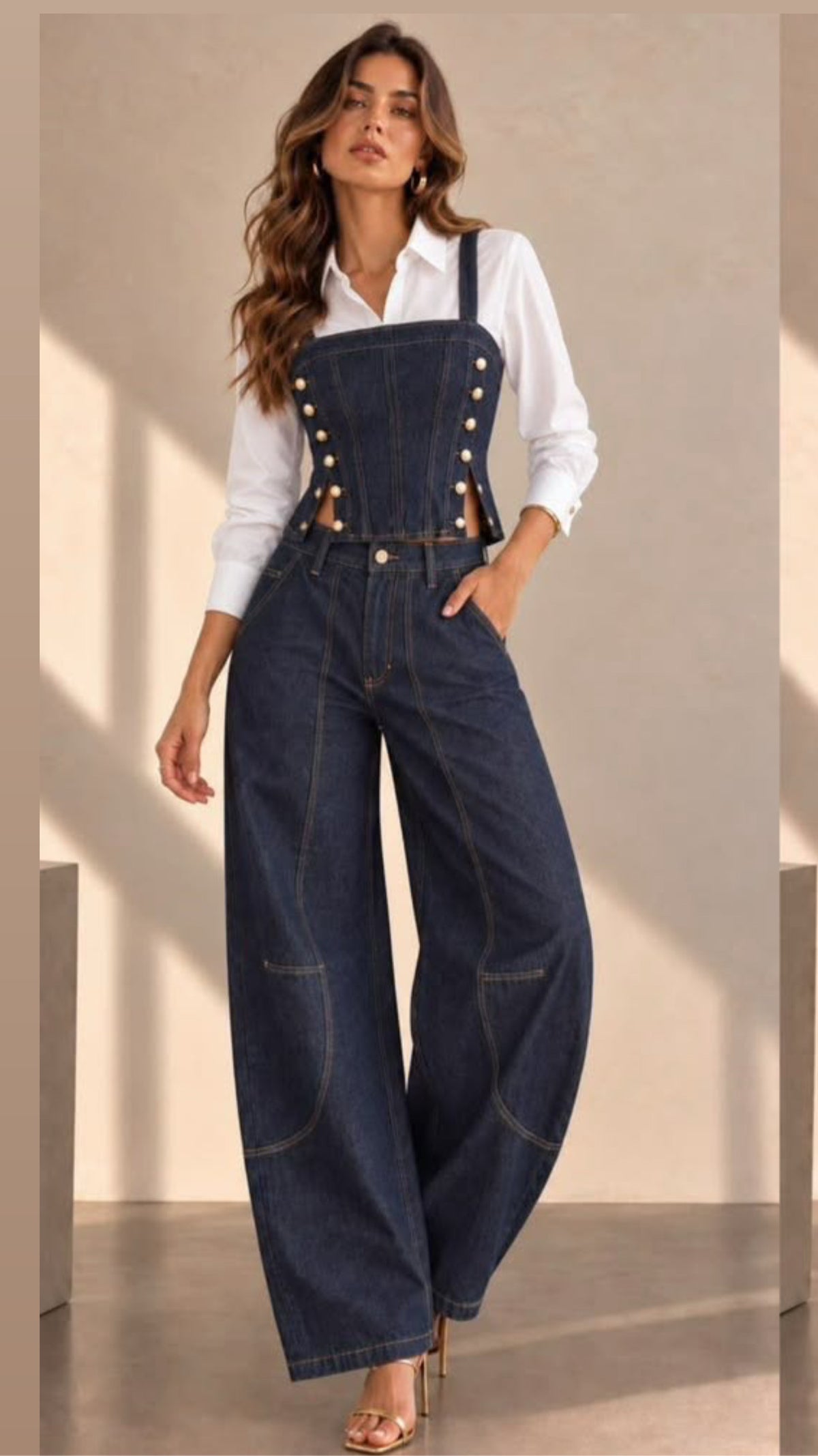 Daniela Dark Denim / White Long Blouse Corset Front Buttons & Barrel Pant (Tiene Strech)