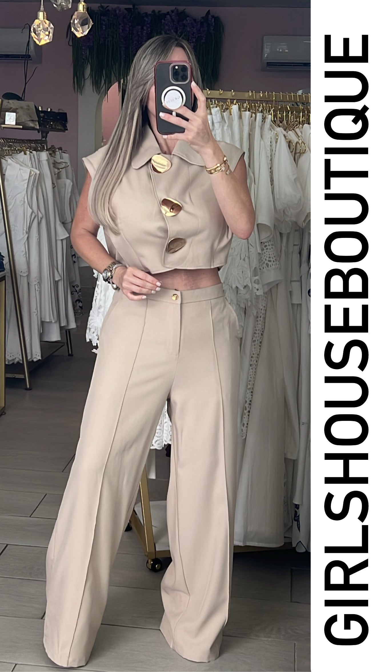 Taupe Gold Buttons Vest & Classic Pant Set