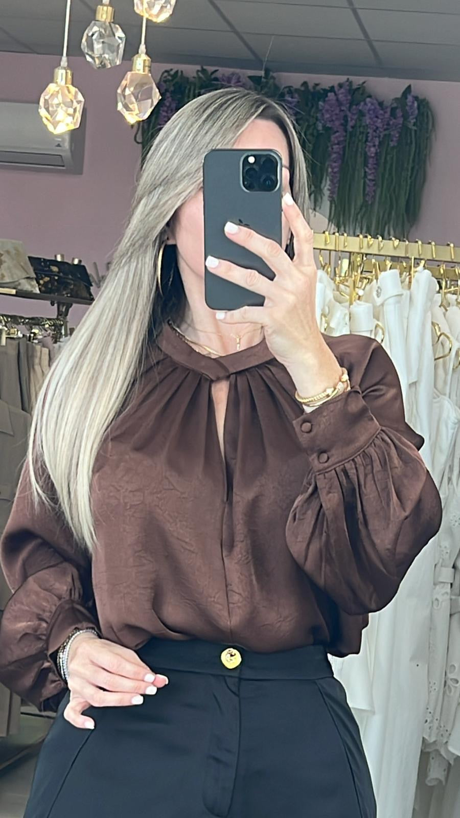 Choco High Neck Pleated Textured Satin Blouse