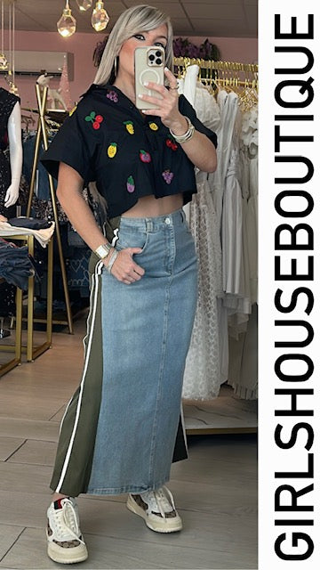 Olive Stripe Denim Skirt