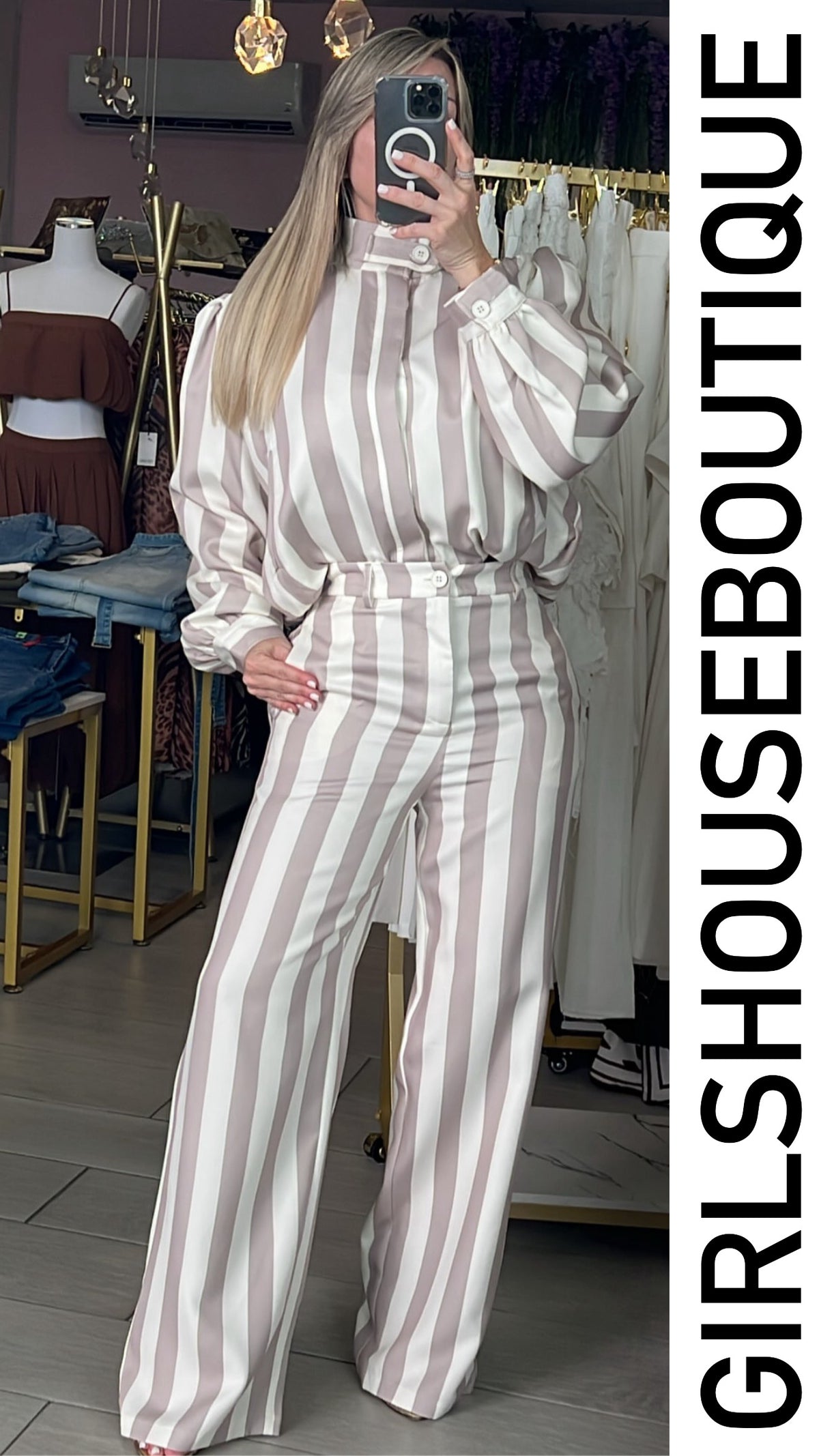 Beige/White Stripe Turtleneck Zip-Up Jacket & Pant Set