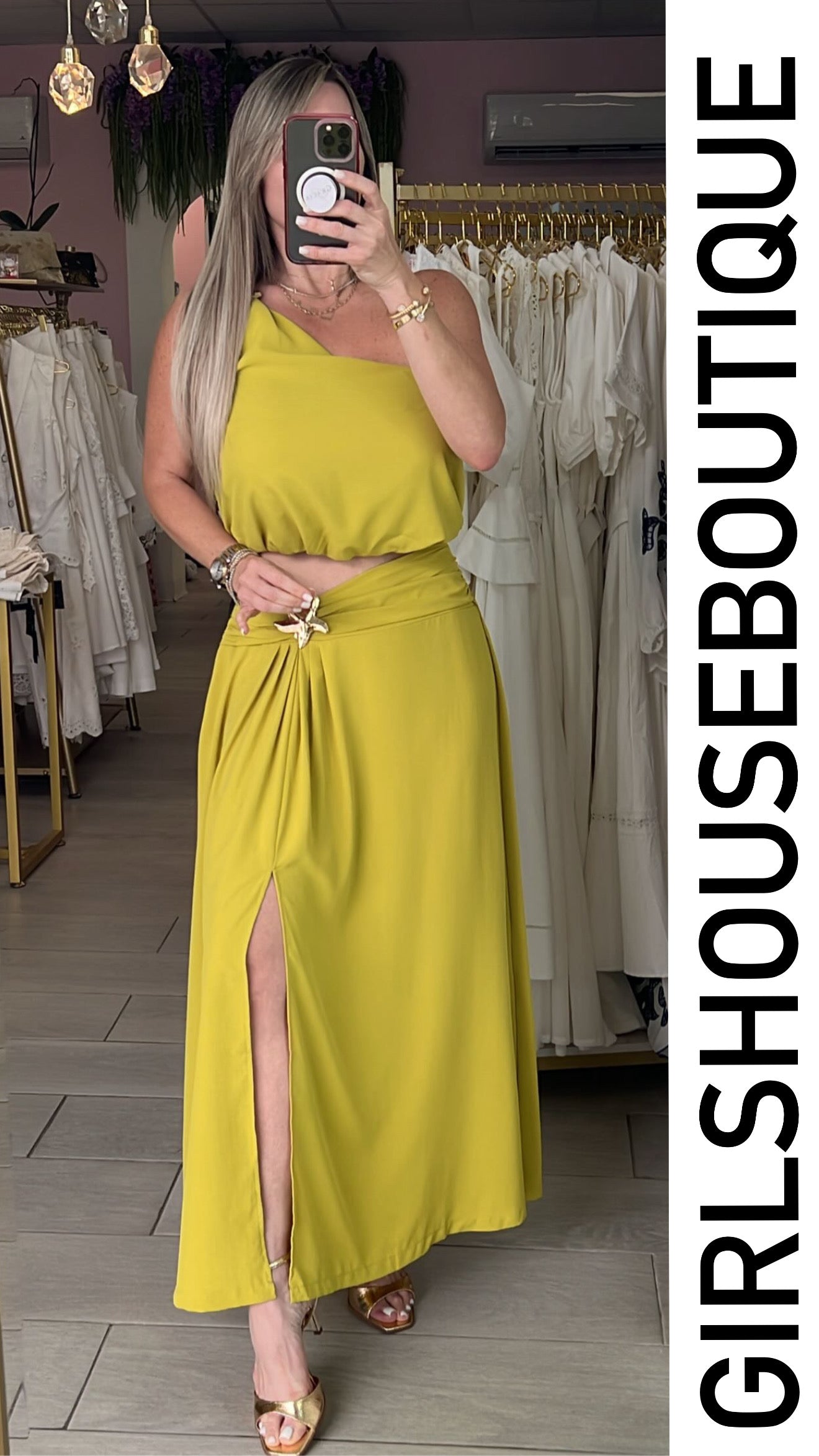 Avocado StarFish Pendant Off Shoulder Top & Skirt Set