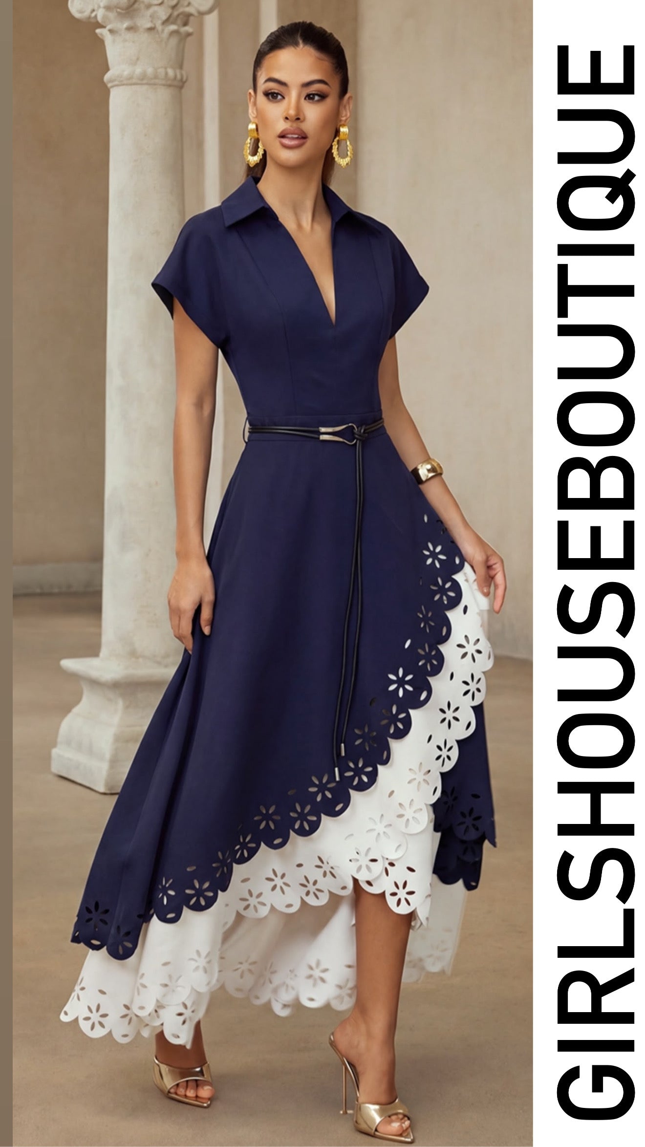 Navy Blossom Asymetric Design Midi Dress
