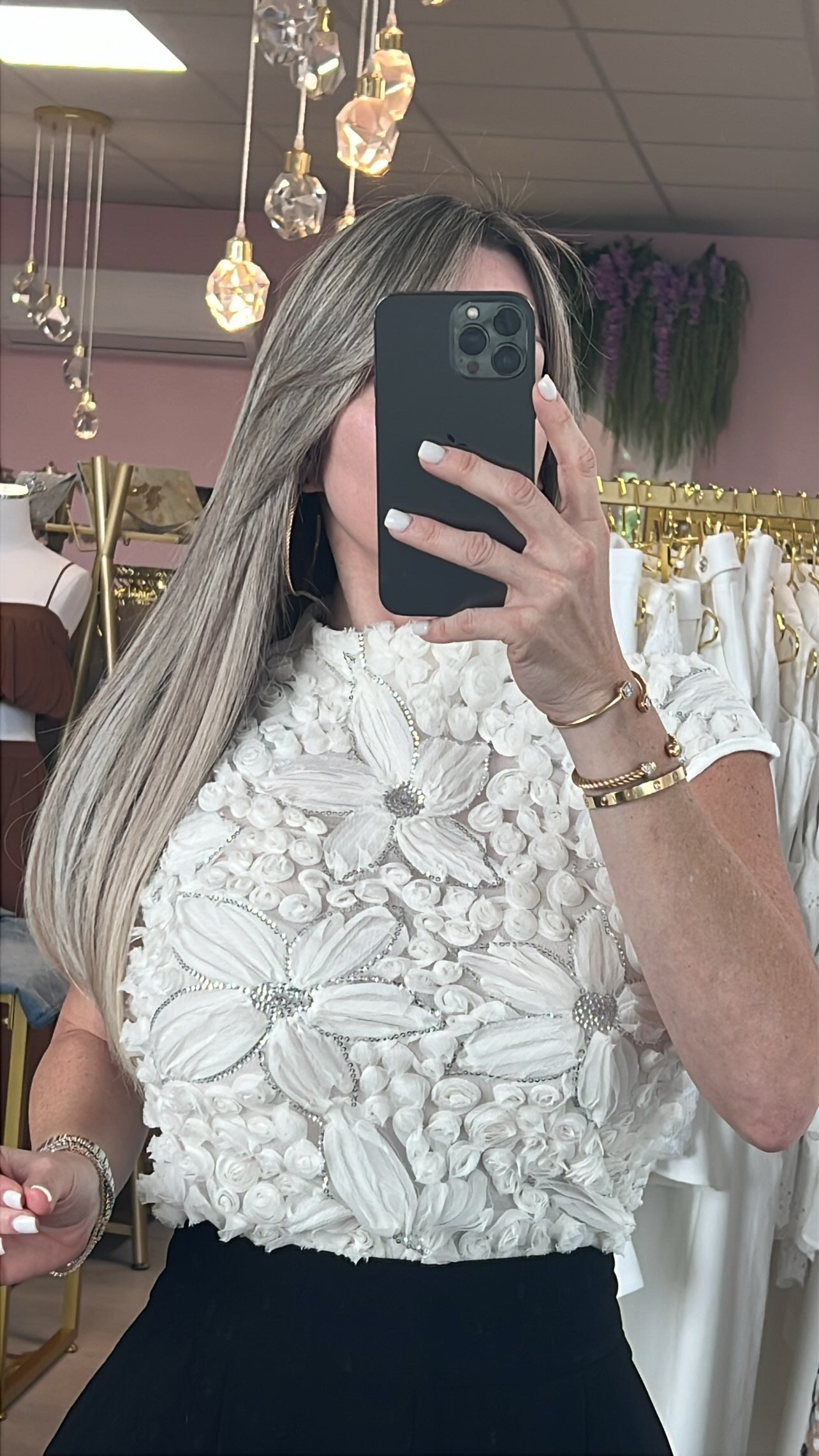 White 3D Blossom/Silver Sequins Blouse (GRACIA COLLECTION)