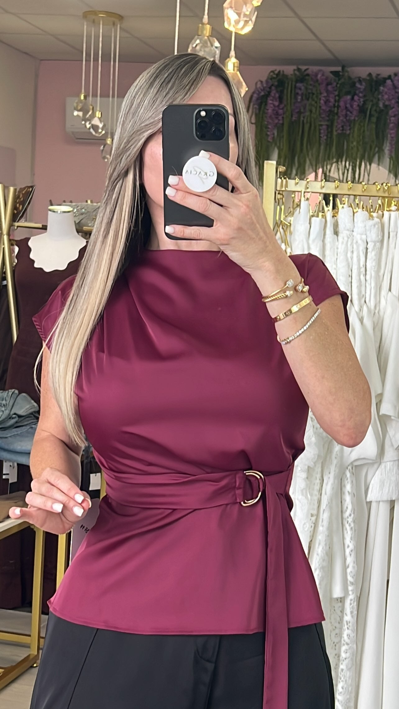 Wine Wrap Around Turtle Neck Satin Blouse