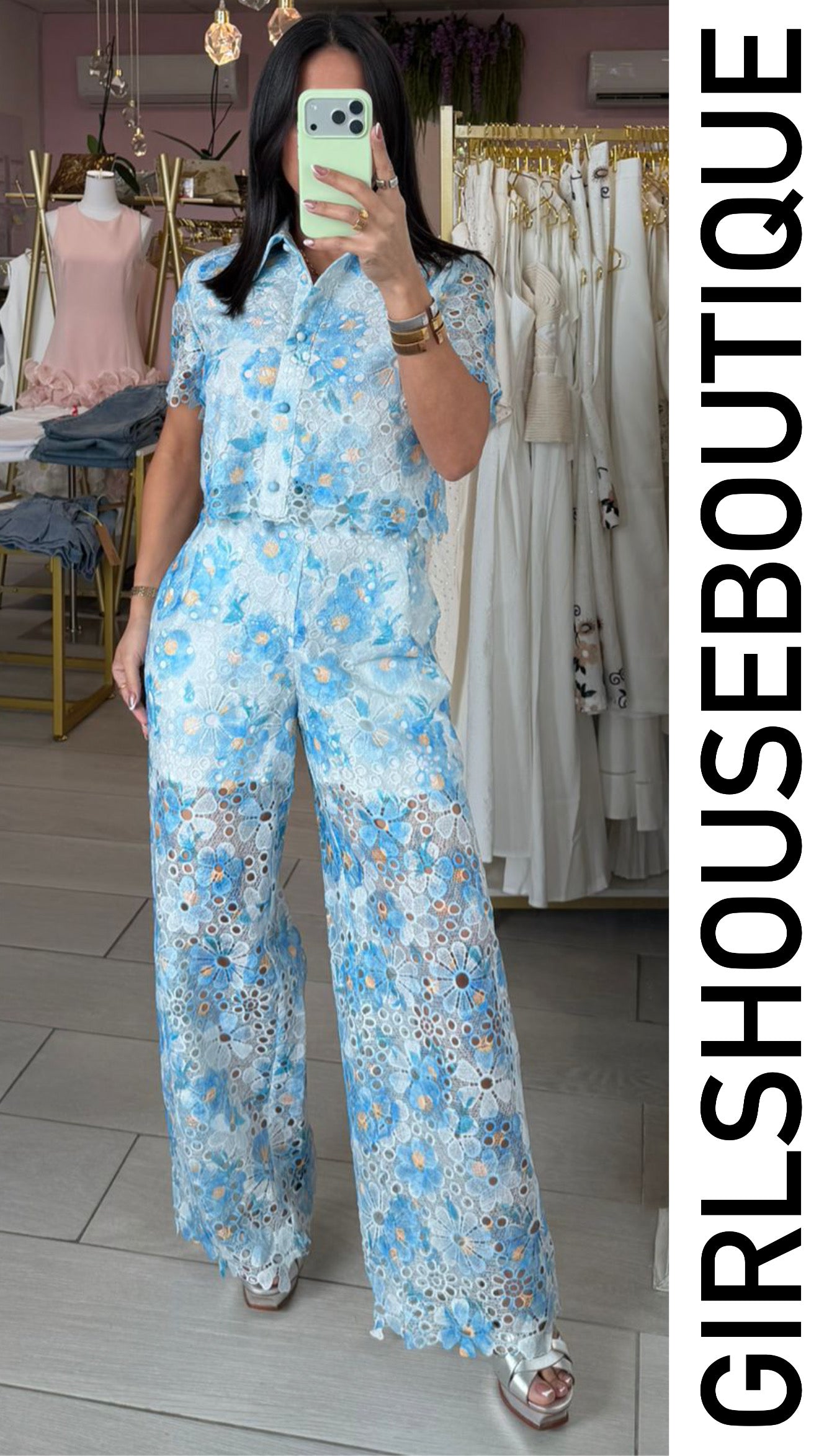 Daisy Lace Light Blue Blouse & Pant Set