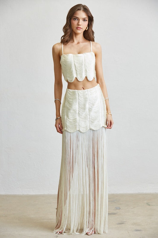 Bianca Soft Creme Fringe Crop Top & Skirt Set
