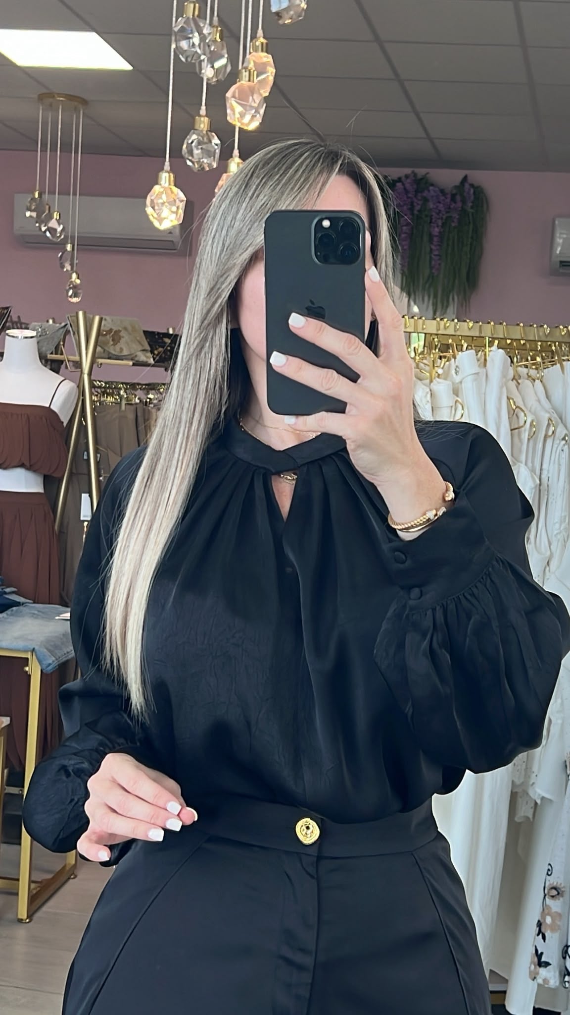 Black High Neck Pleated Textured Satin Blouse