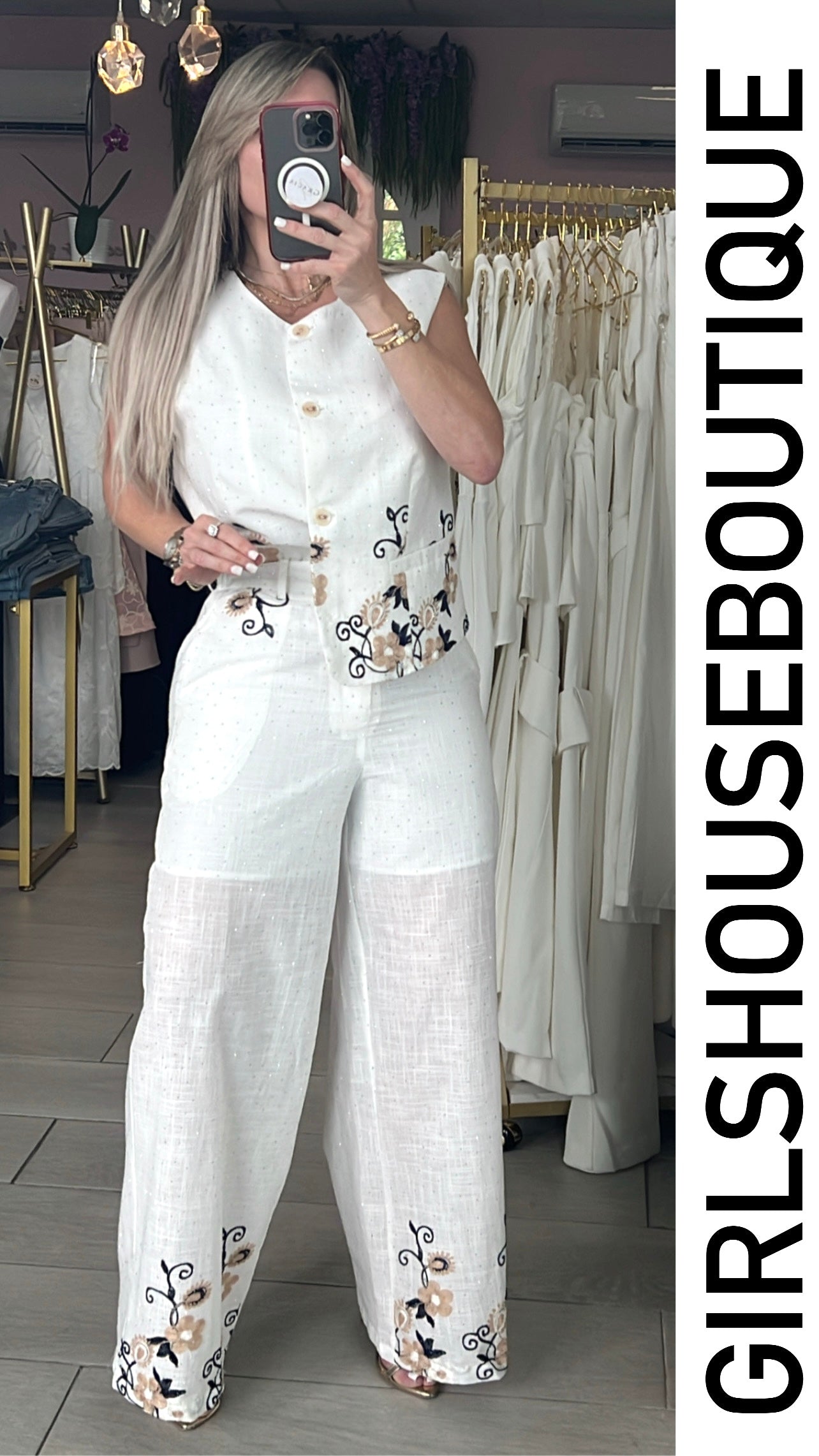 Lino Bright Embrodery Flower Vest & Palazzo Set