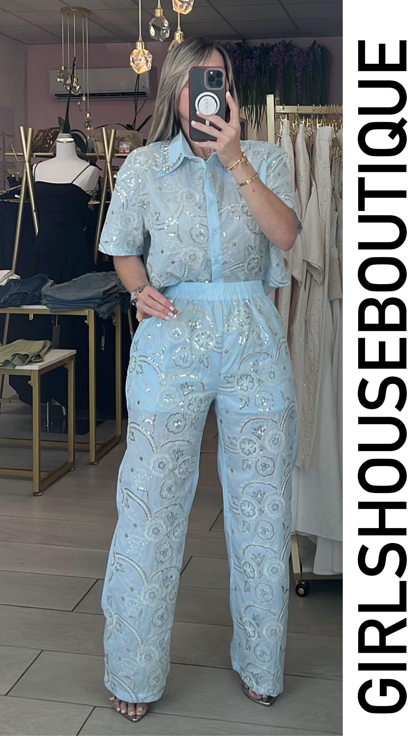 Ice Blue Silver Embroidery Details Blouse & Pant Set