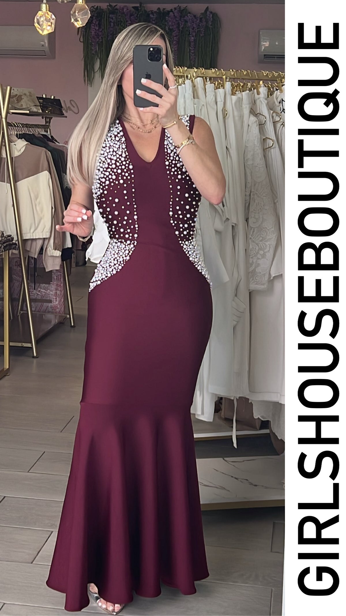 Wine Pearls Bandage Strech Luxury Dress