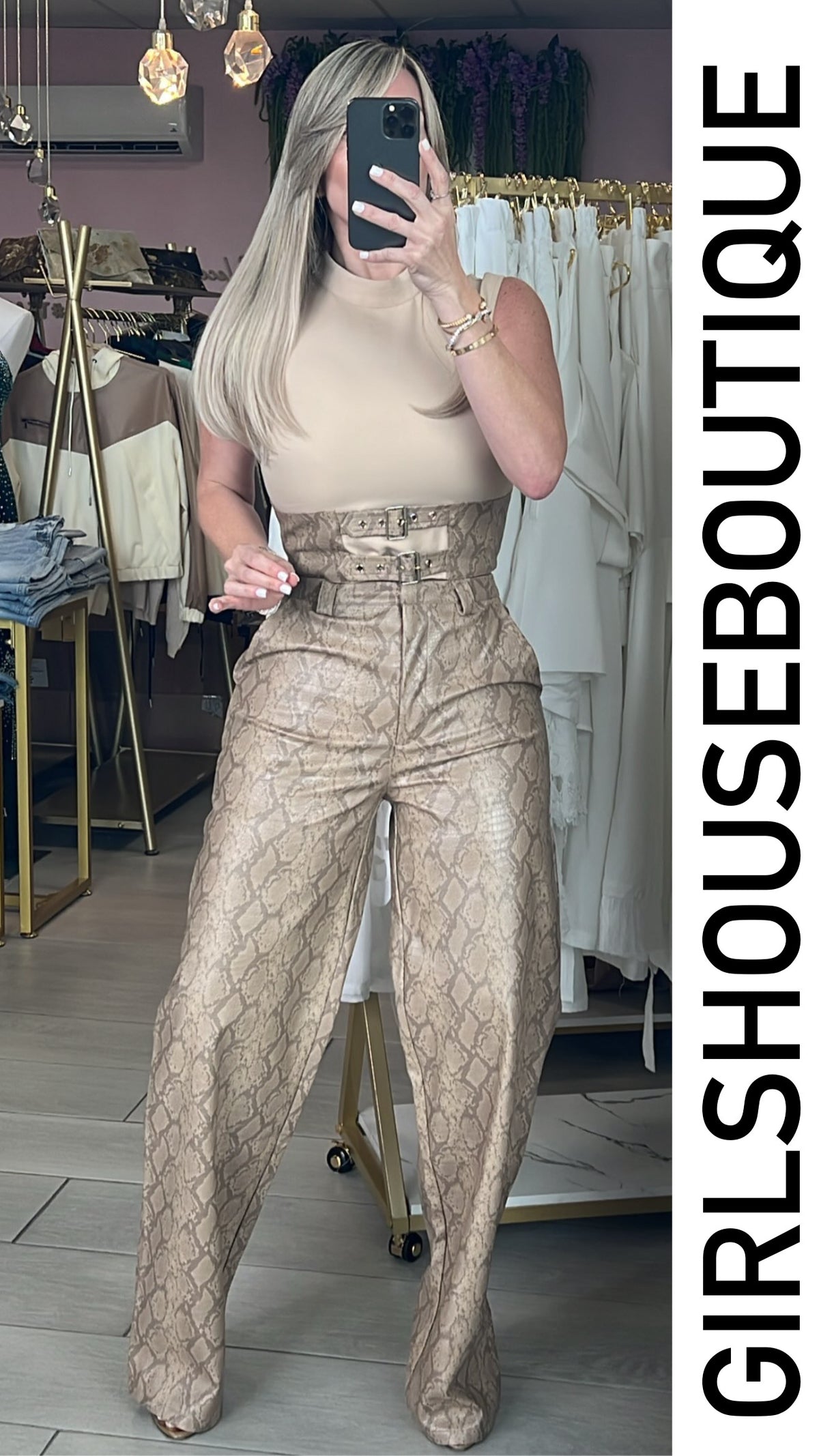 Taupe Snake Belt Design High Neck Top & Leather HighRise Pant (Corre al size)