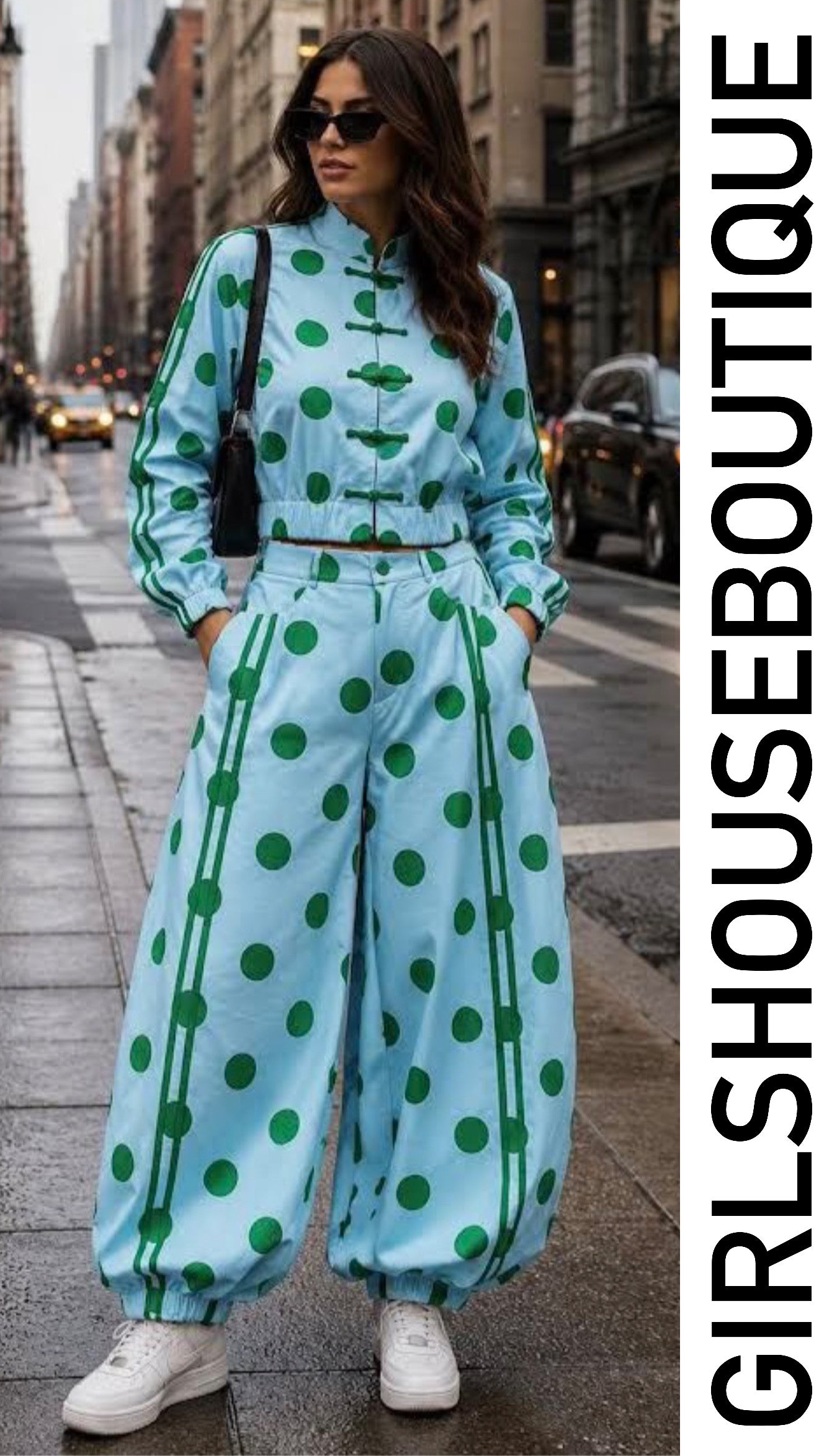 Light Blue & Green Dots Oriental Jacket & Elegance Pant Set