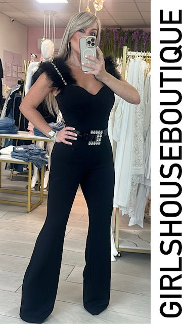 Sharon Black Feathers Jumpsuit