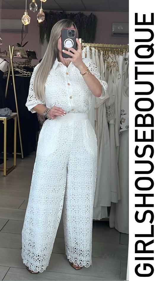 D’ Blanc Luxe Lace Blouse & Pant Set