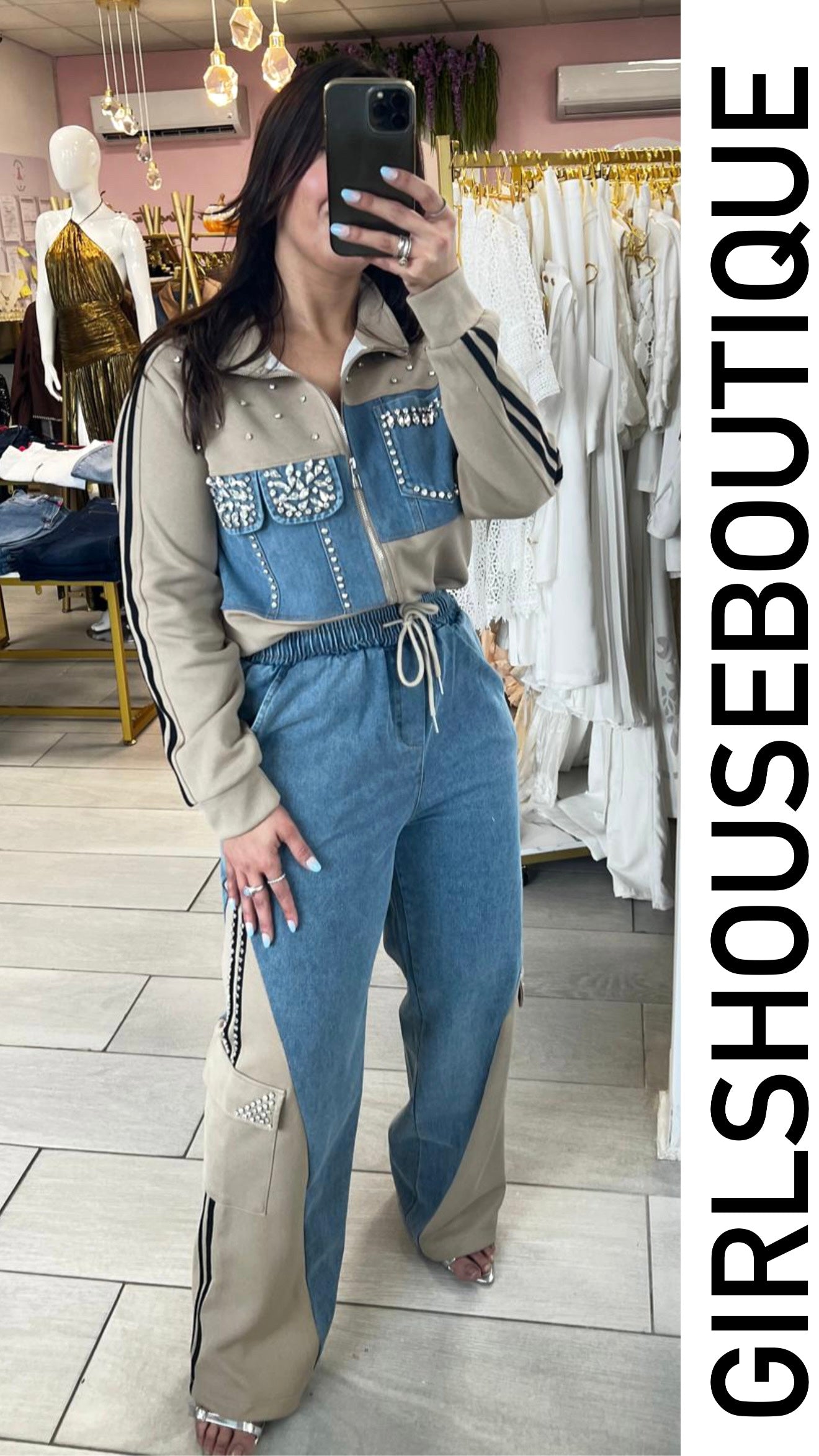 Catalina Taupe Crystal Denim Jacket & Pant Set