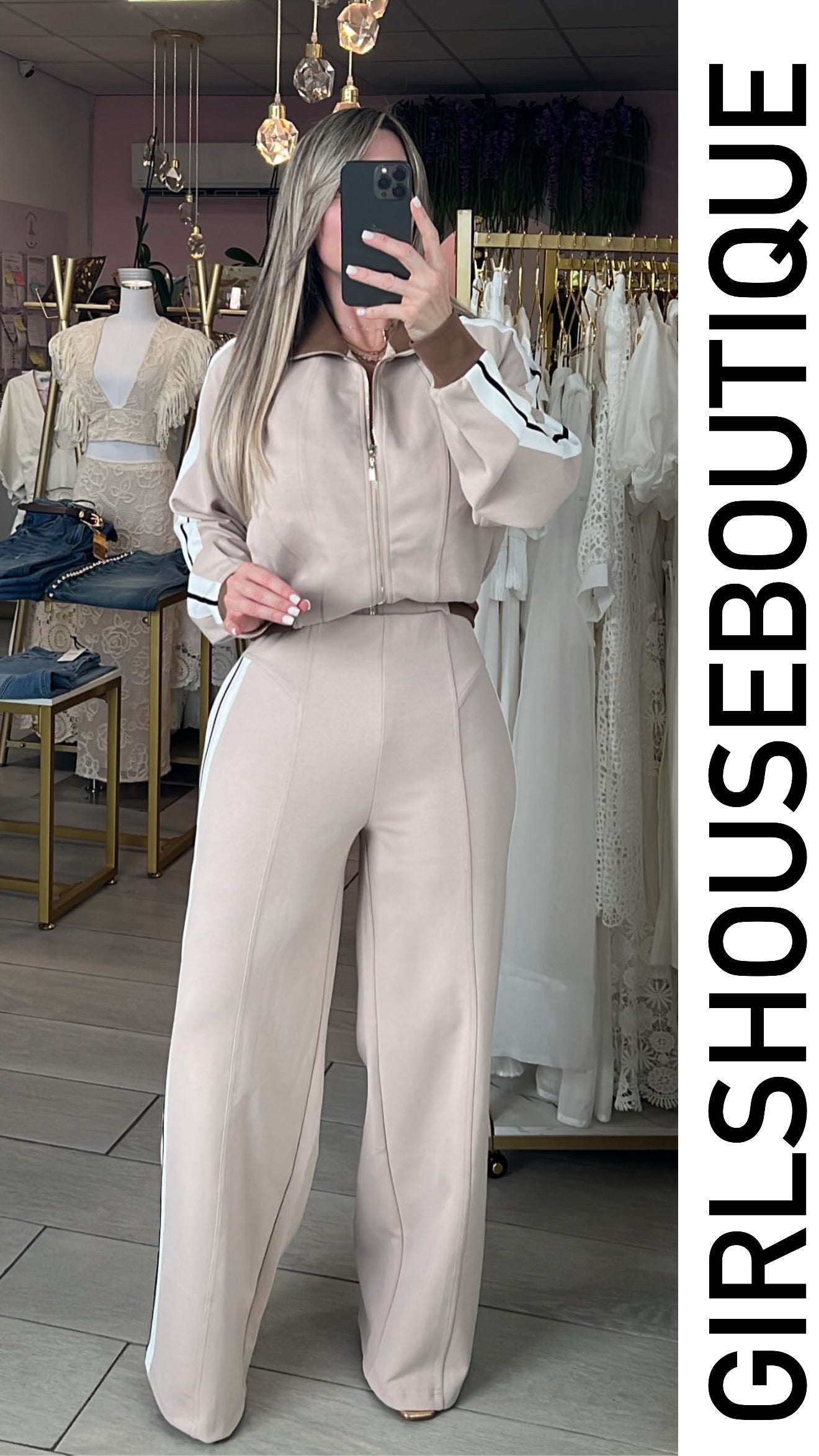 Creme & Mocha Stripe Elegance Jacket & Strech Pant Set