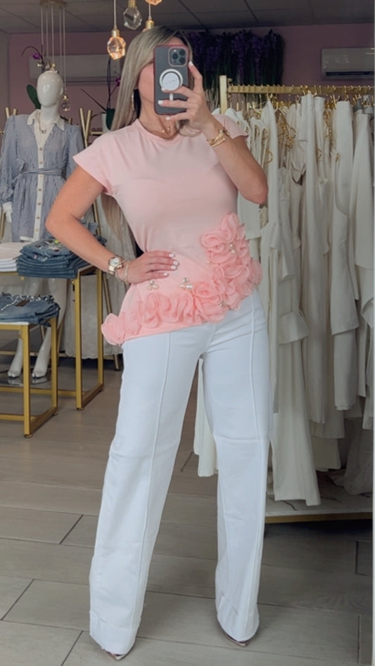 Peach Flower & Pearls Asymmetric Top
