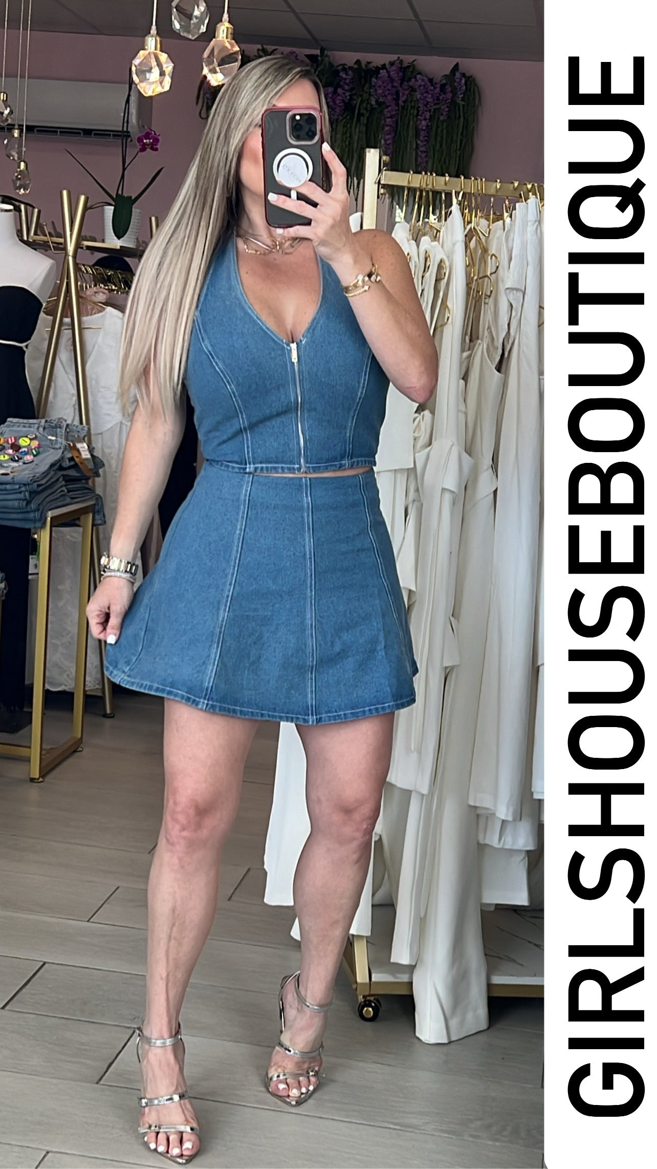 Denim Halter Front Zip-Up & Mini Skirt Set