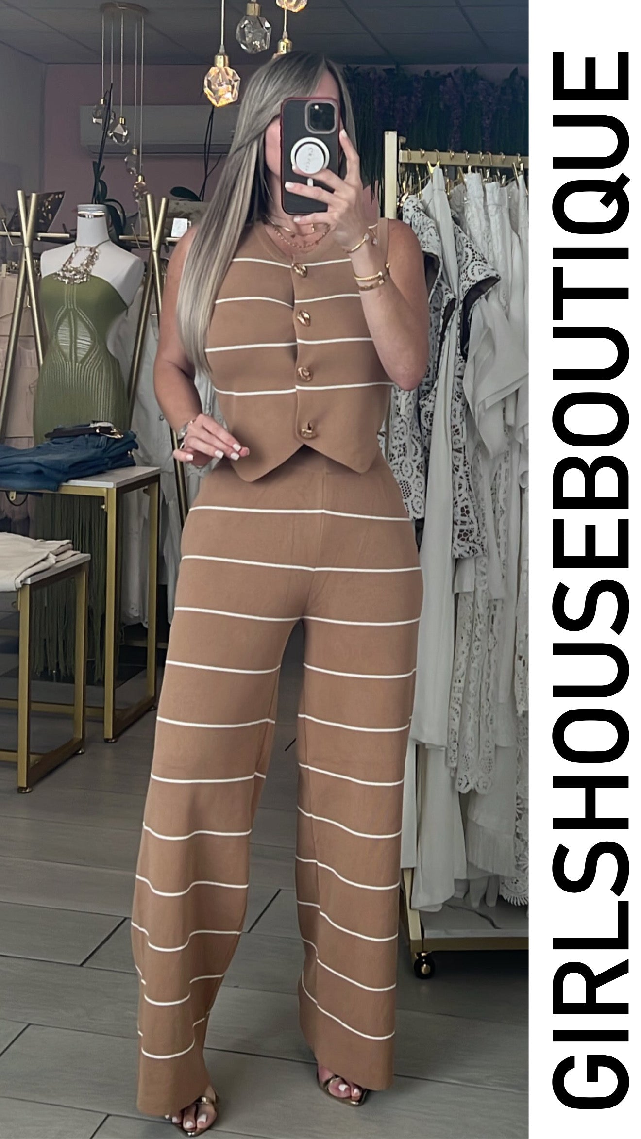 Taupe Sweater Gold Buttons Vest & Pant Set