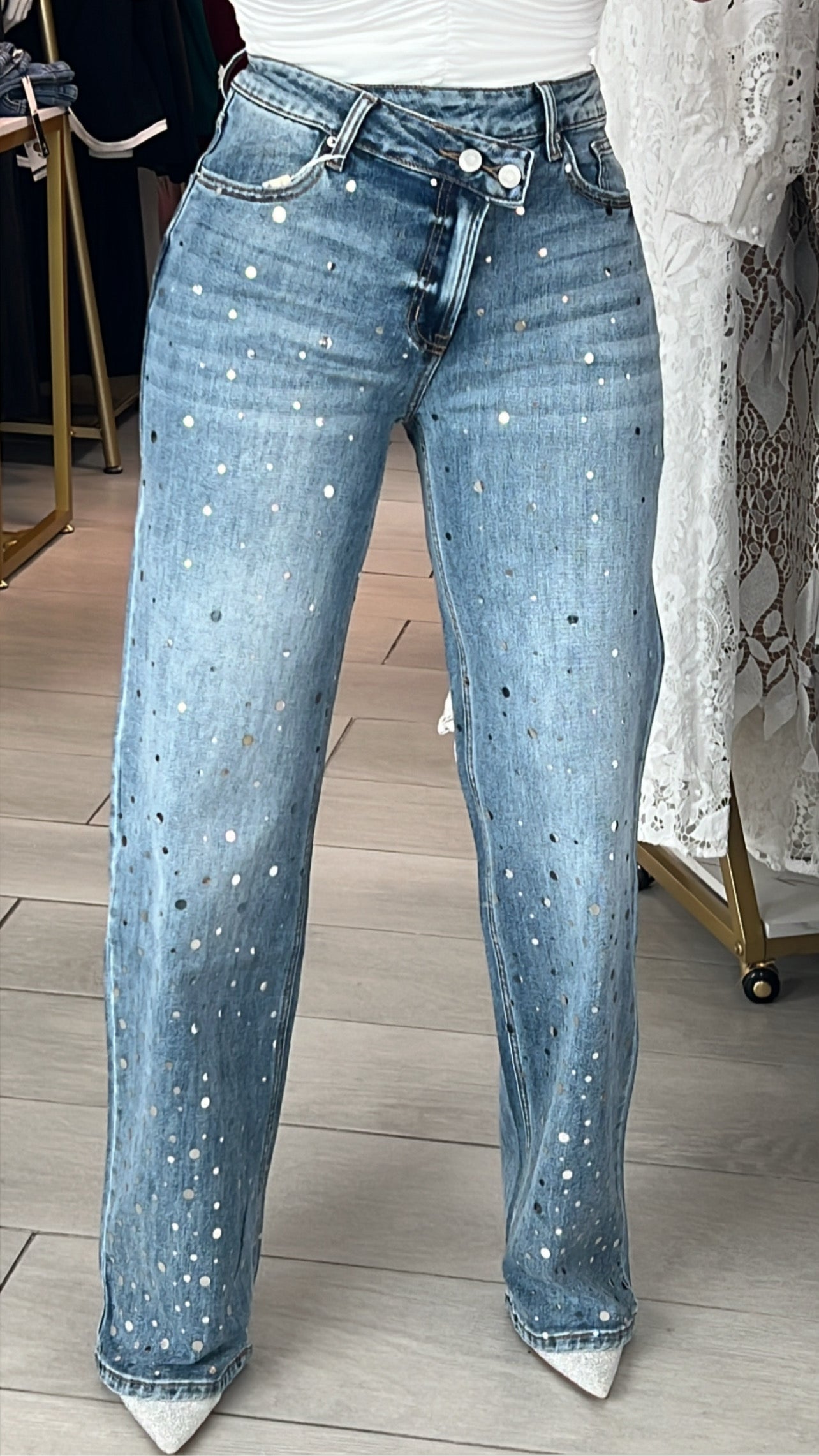 Asymmetric Silver Sequins Strech Denim