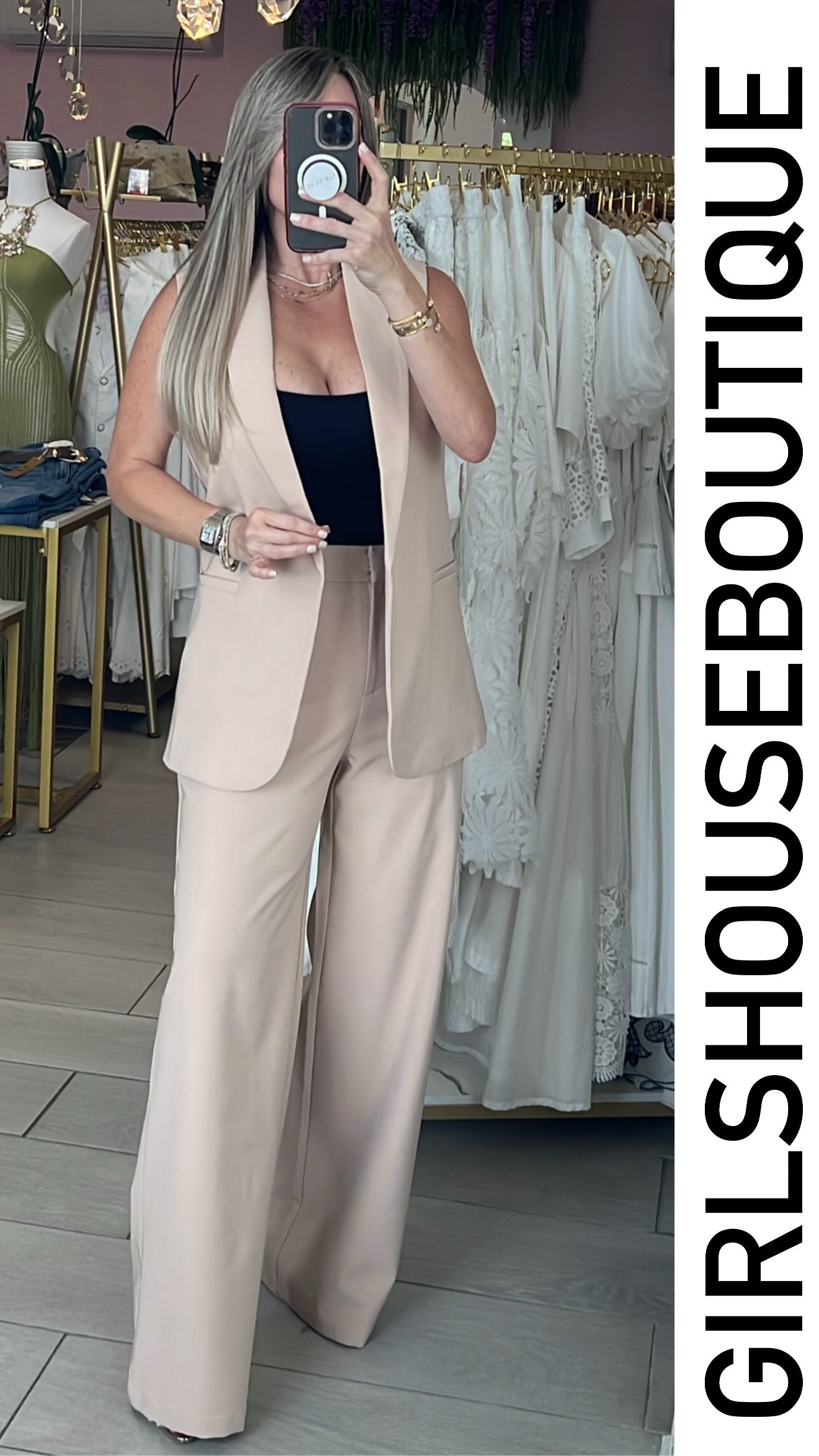 Beige Long Vest Ovi Collection & Elegance Pant Set