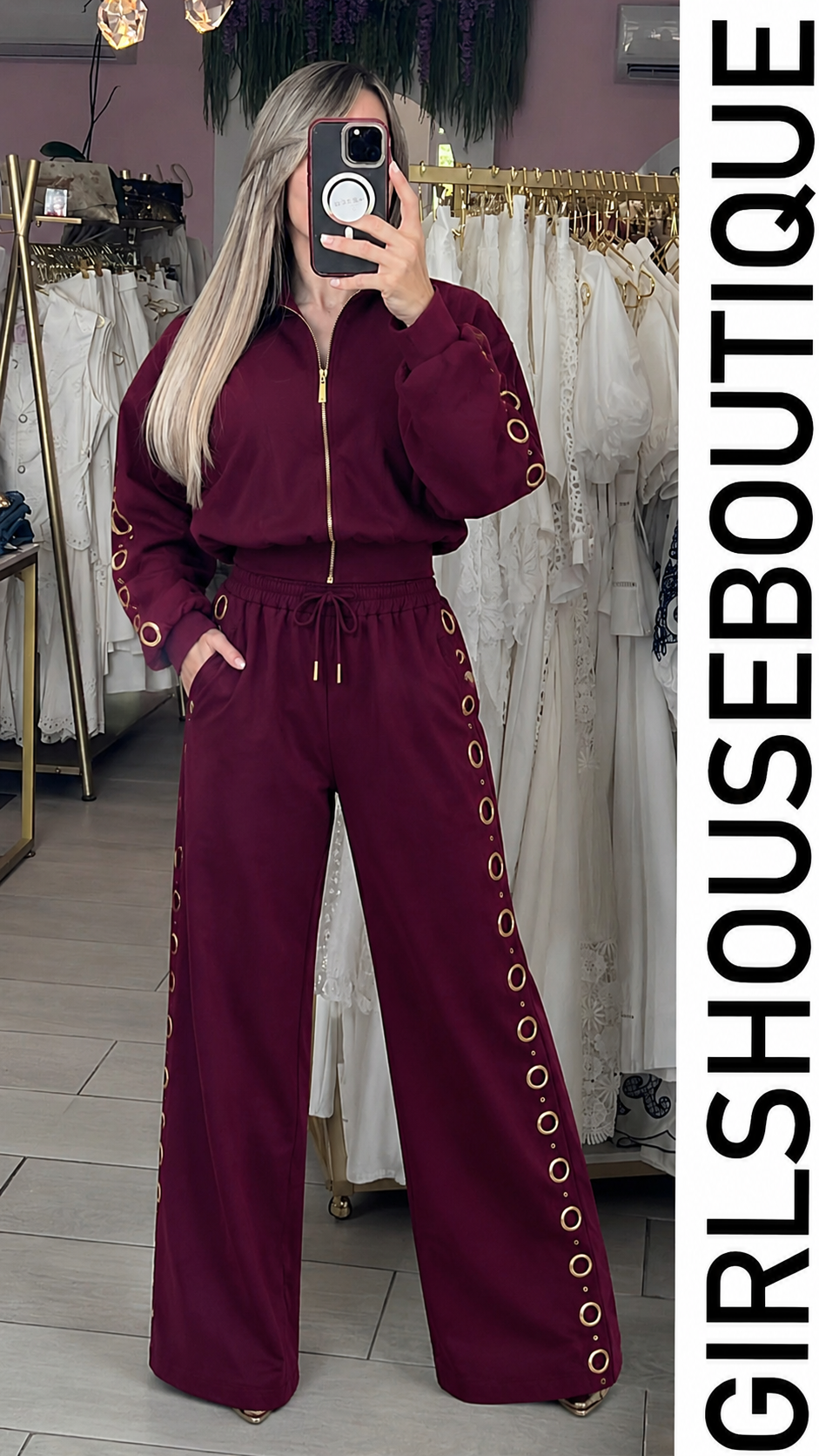 Wine L’Anneu Gold Zip-Up Jacket & Pant Set