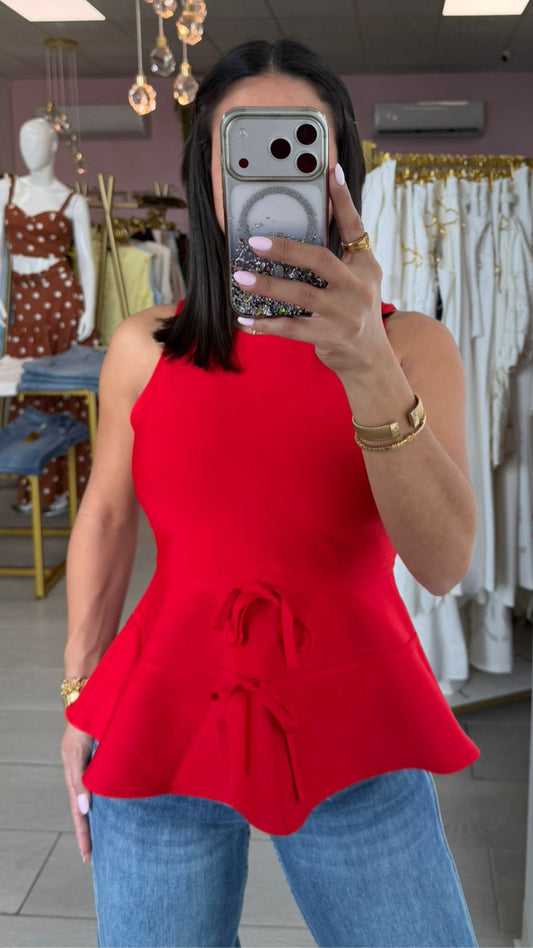 Peplum Bow Red Top