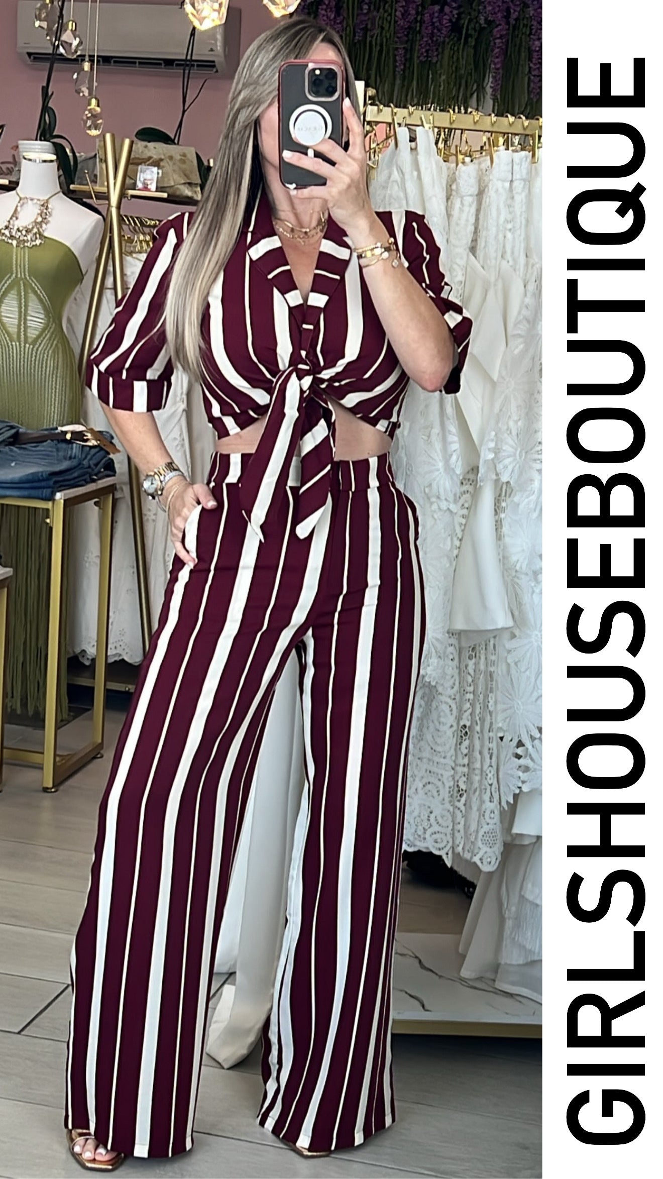 Wine & White Satin Stripe Blouse & Pant Set