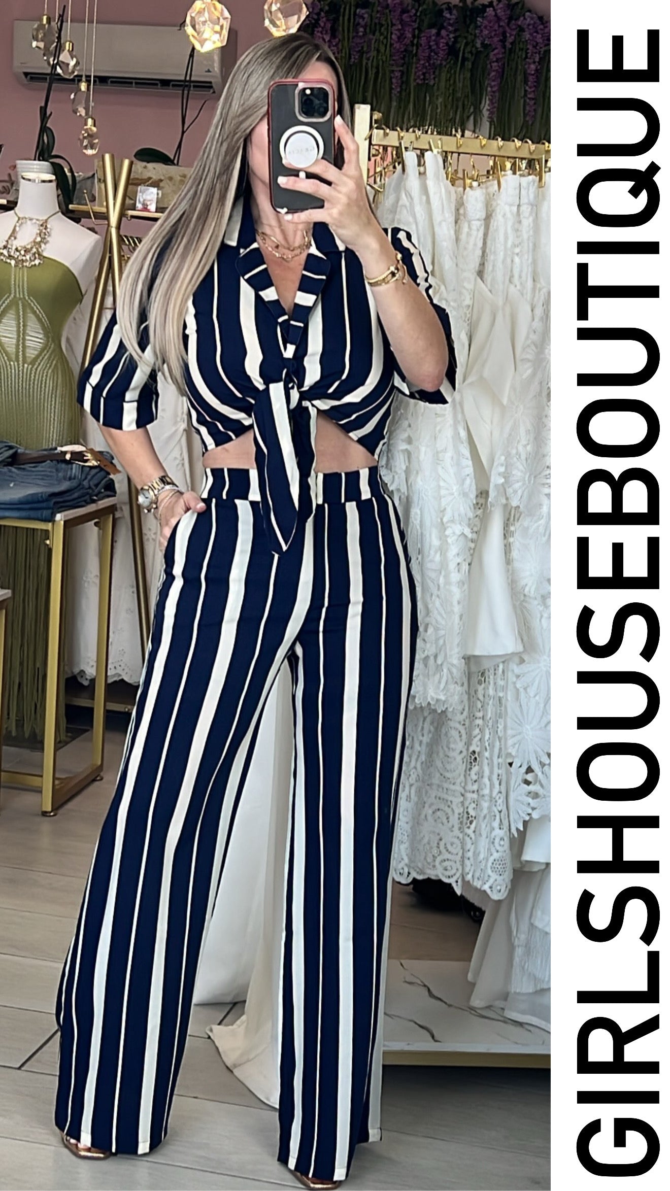 Navy & White Stripe Satin Blouse & Pant Set
