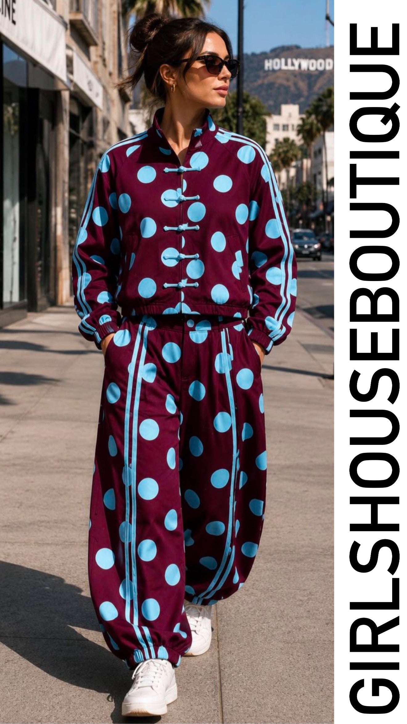 Wine & Baby Blue Dots Oriental Jacket & Pant Set