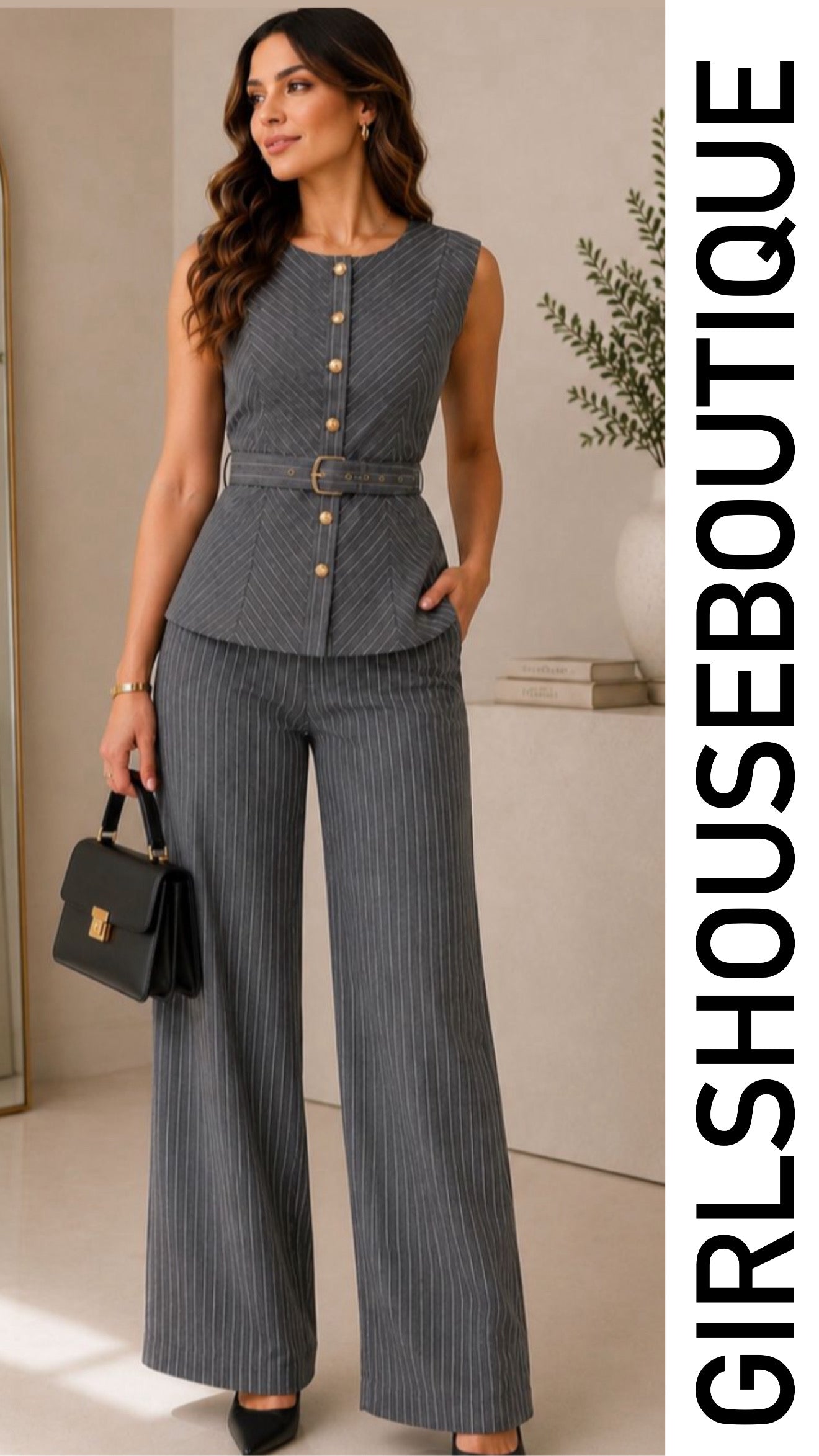 Grey/Stripe Gold Buttons & Belt Classic Vest & Pant Set