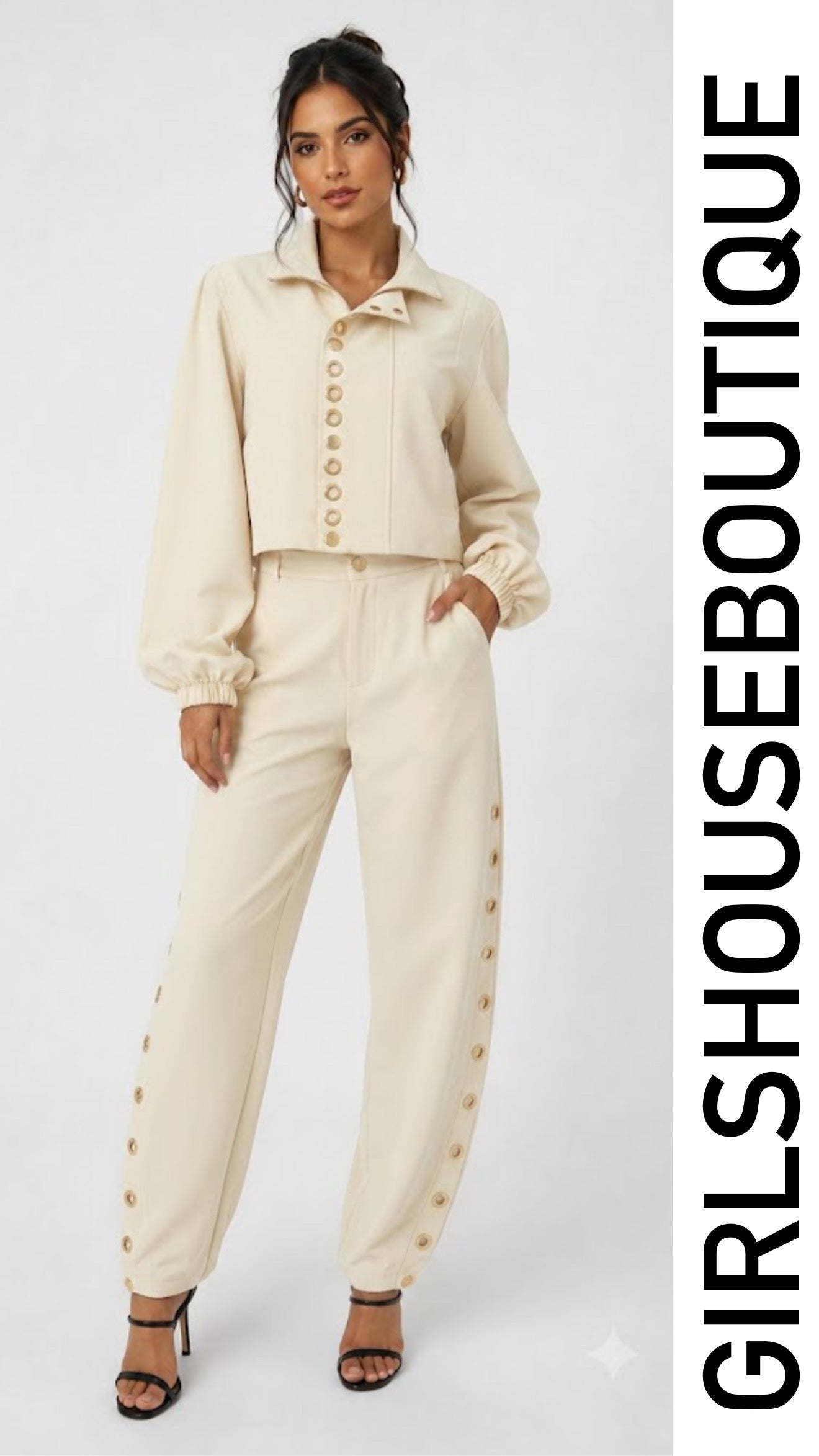 Ivory Gold Ring Parisian Zip-up Jacket & Barrel Pant Set