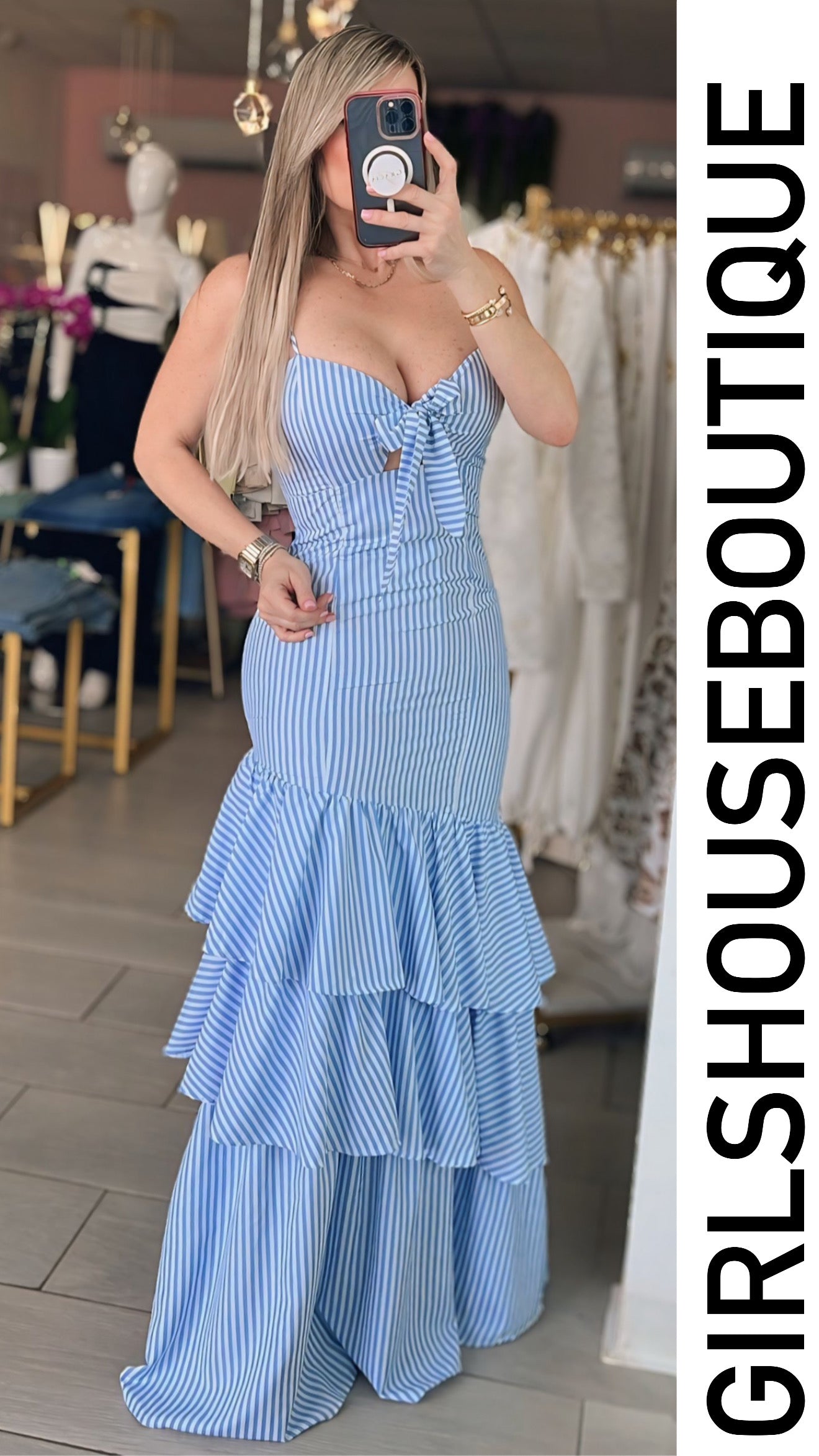 Blue Stripe & Ruffle Skirt Maxxi Dress