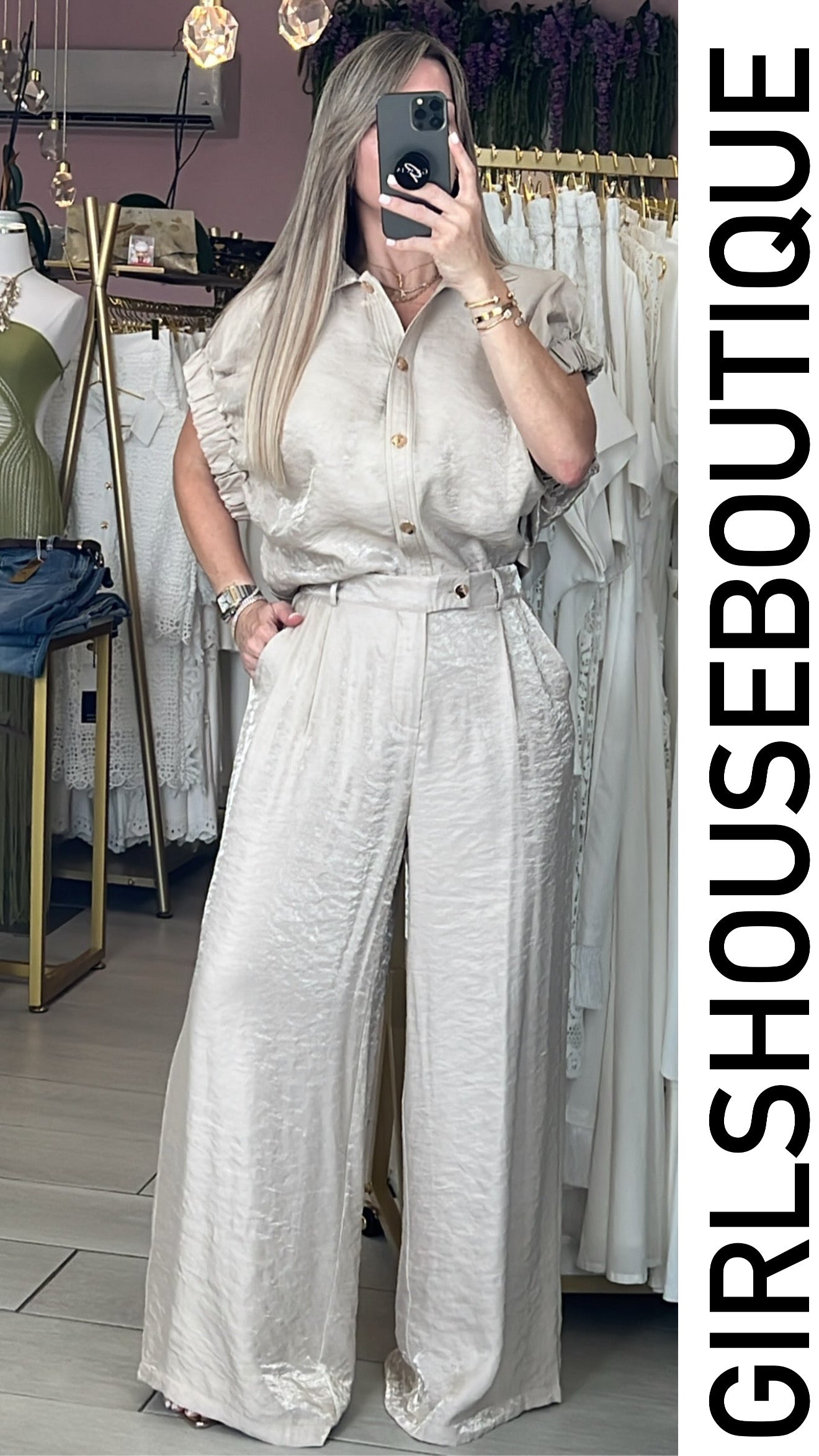 Champagne Metallic Glam Elegance Blouse & Pant Set