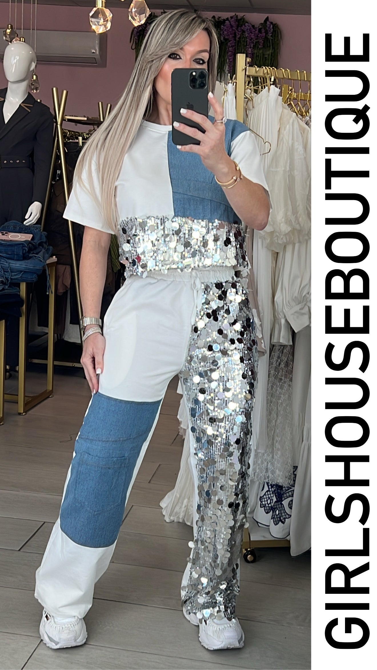 White/Denim & Silver Sequin Colorblock Set