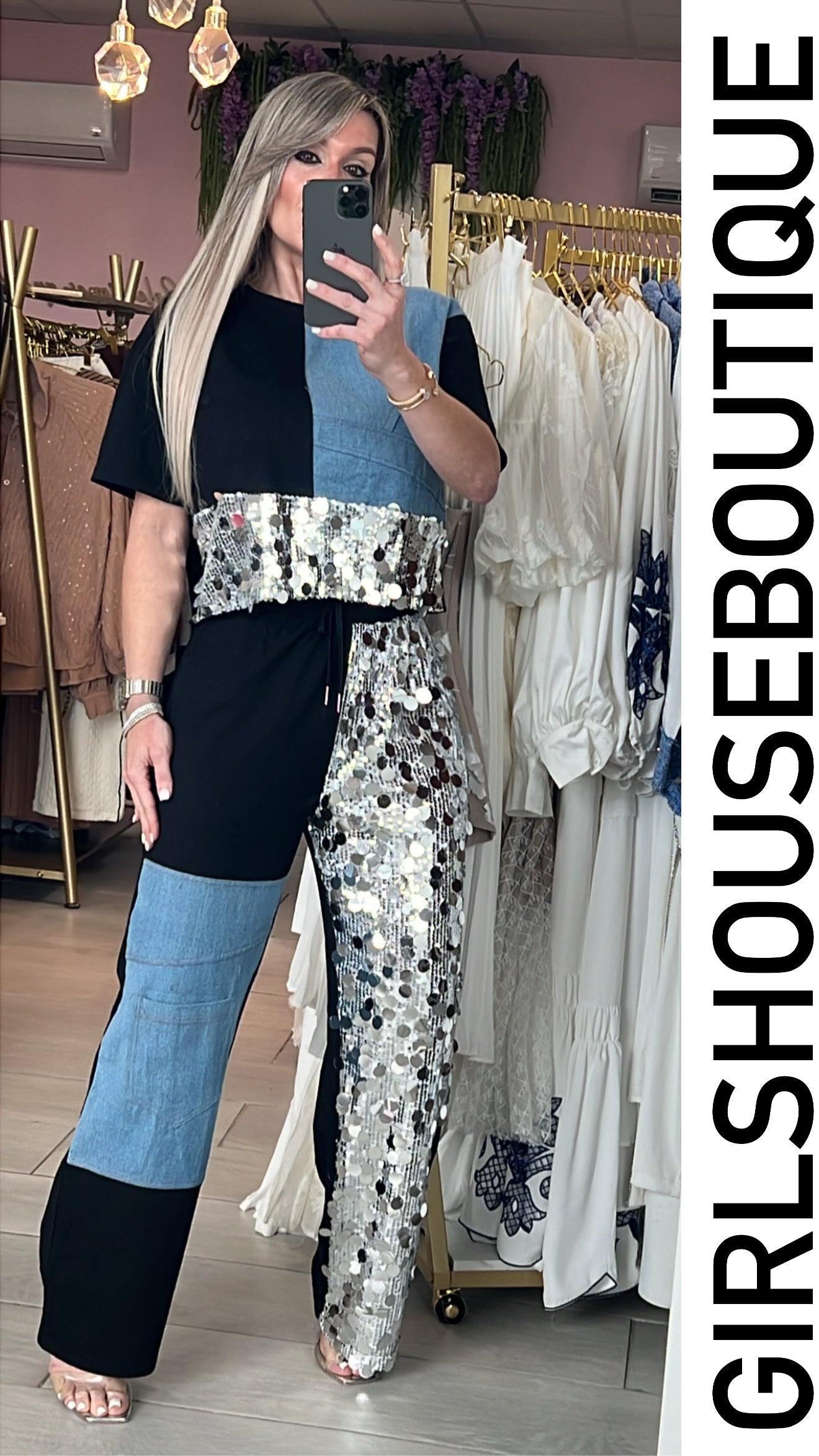 Black/Denim Silver Sequins Colorblock Set