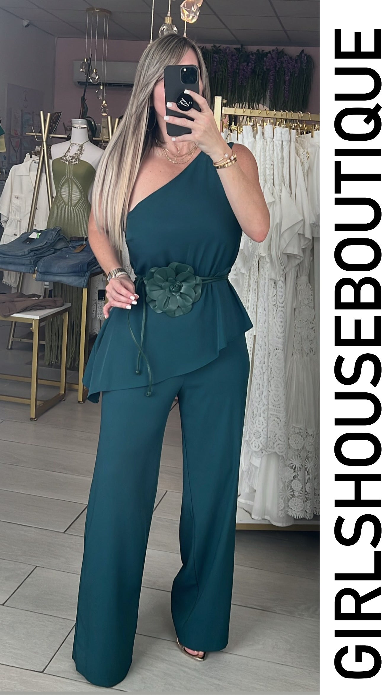 Hunter Green Asymetric One Shoulder & Flower Leather Jumpsuit
