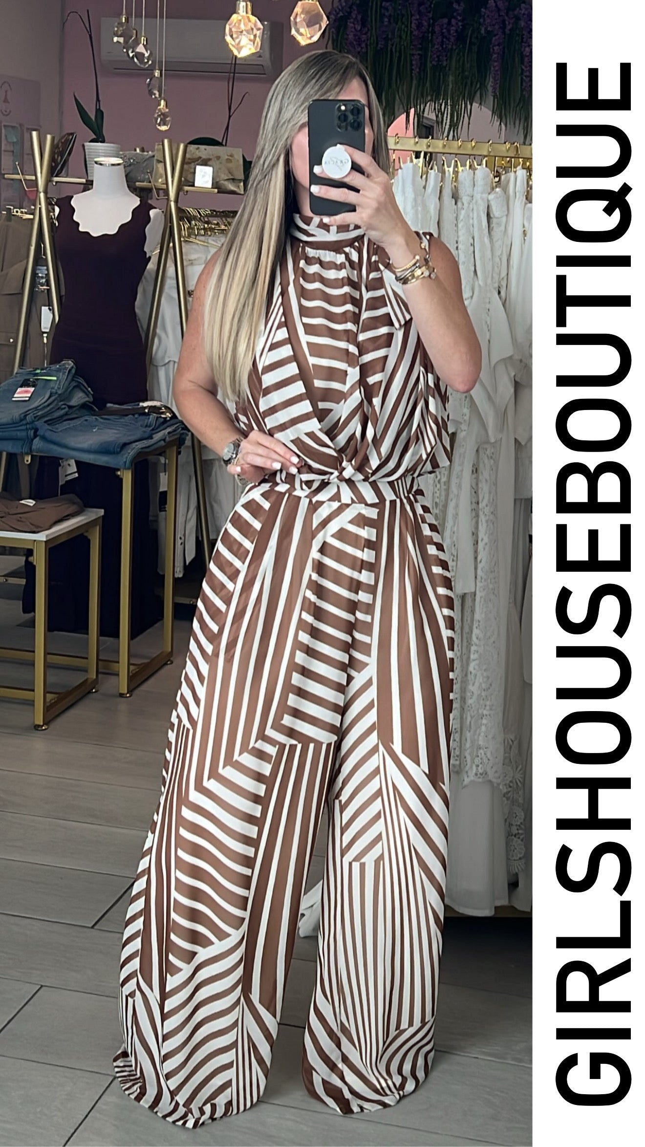 Mocha Vertical Desigual Design Halter Top & Pant Set