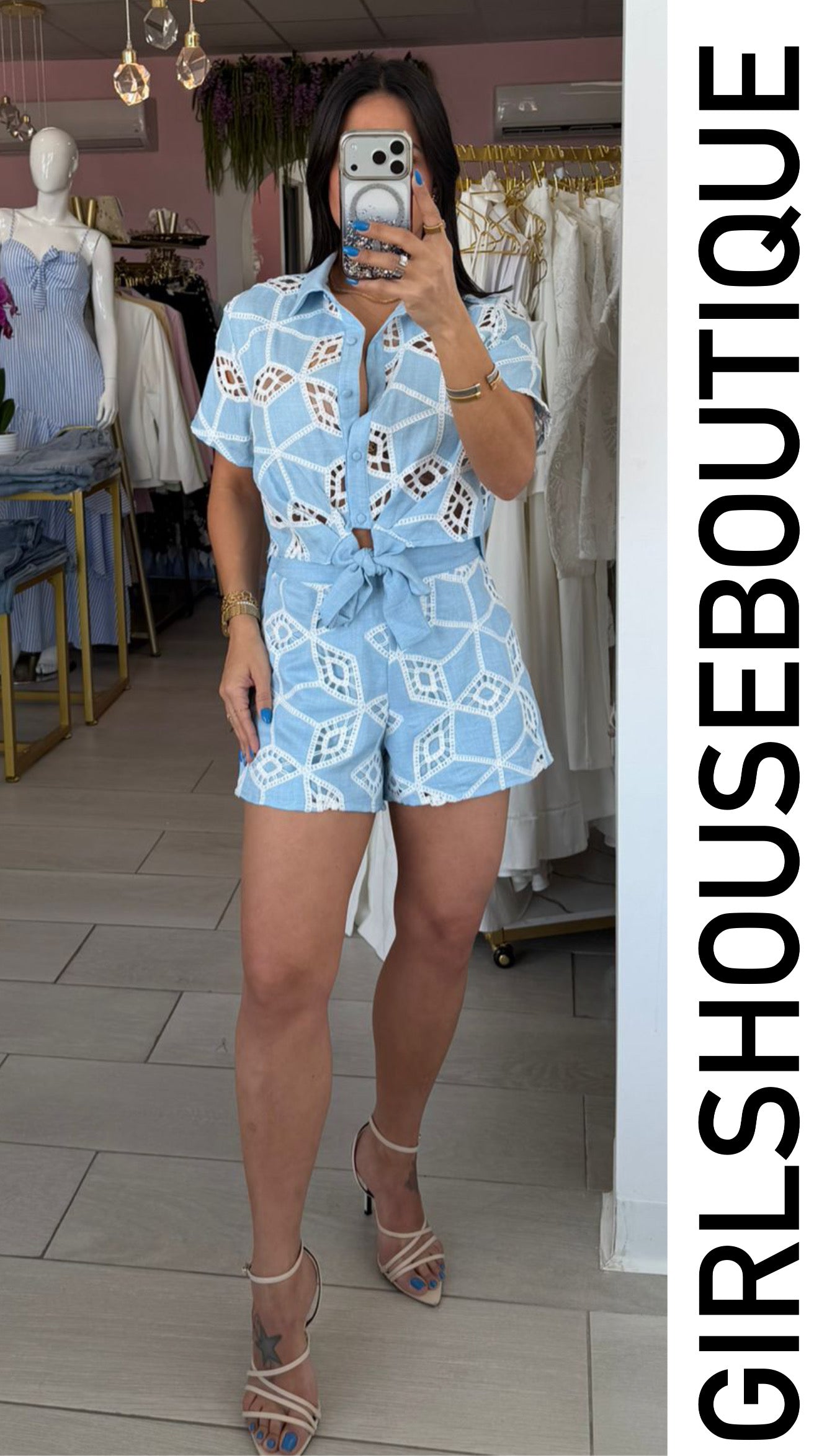 Light Blue & White Embroidery Short Set