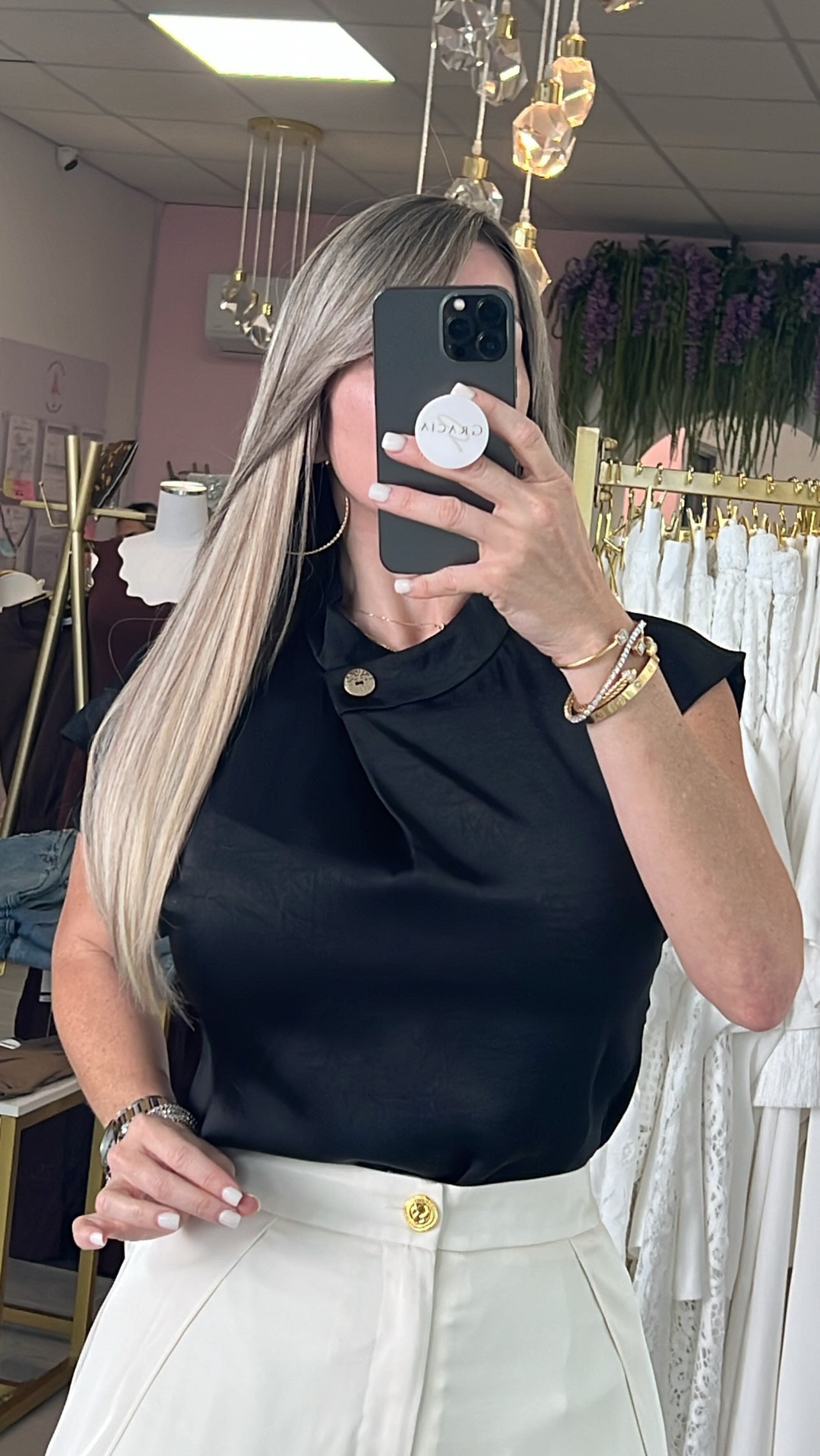 Black Textured Satin Blouse