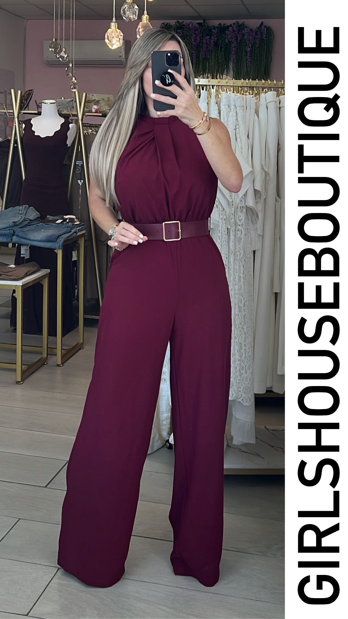 Wine Turtle Neck Design Jumpsuit (Belt Included)