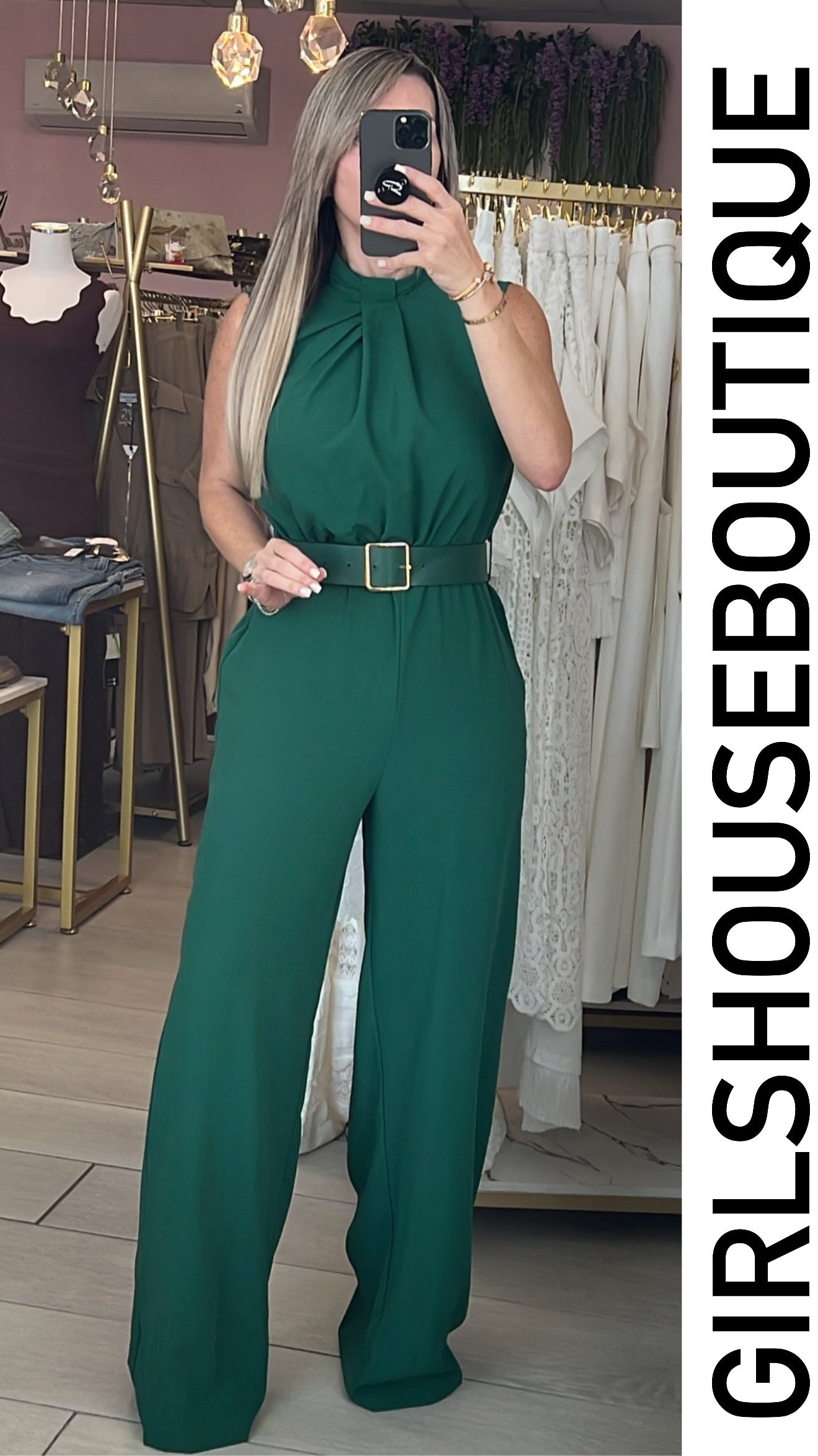 Hunter Green Turtle Neck Design Jumpsuit (Belt Included)