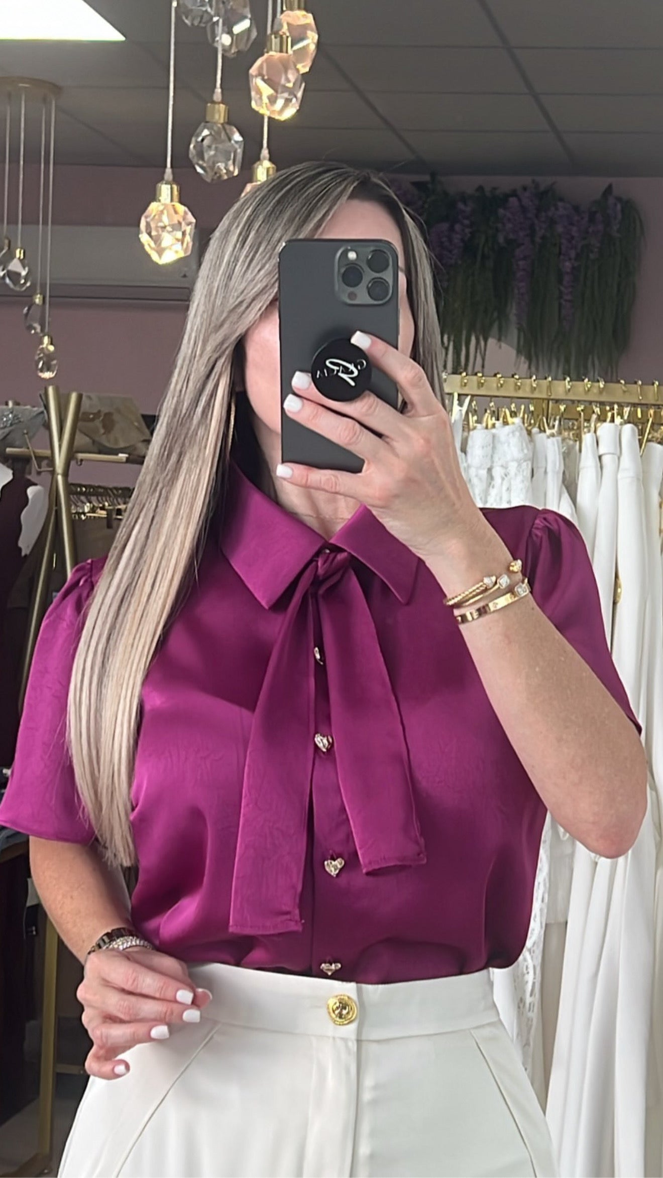 Magenta Satin/Gold Heart Front Buttons Blouse