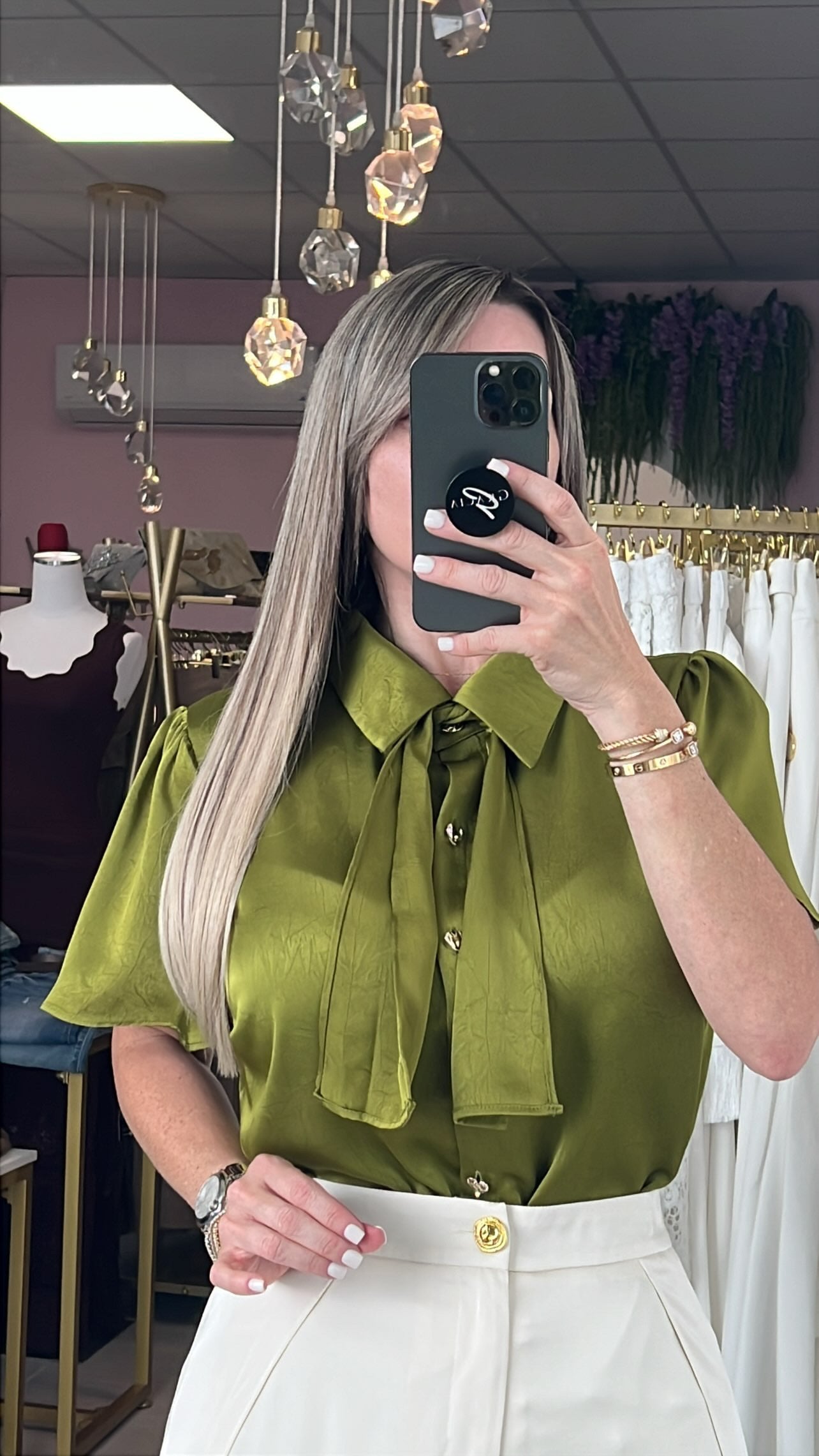 Olive Satin/Gold Hearts Front Buttons Blouse