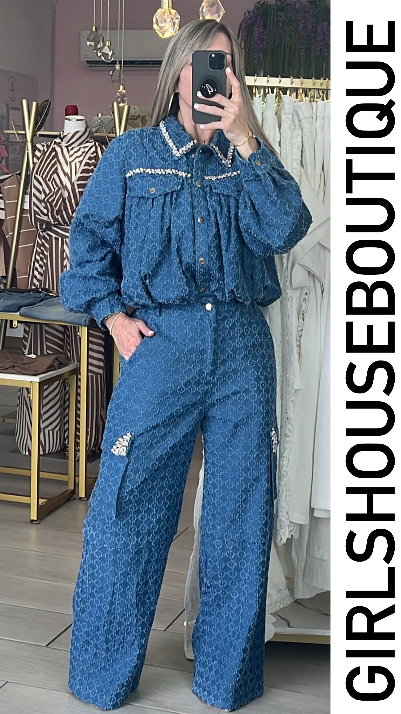 Denim Textured Crystal Design Jacket & Urban Pant